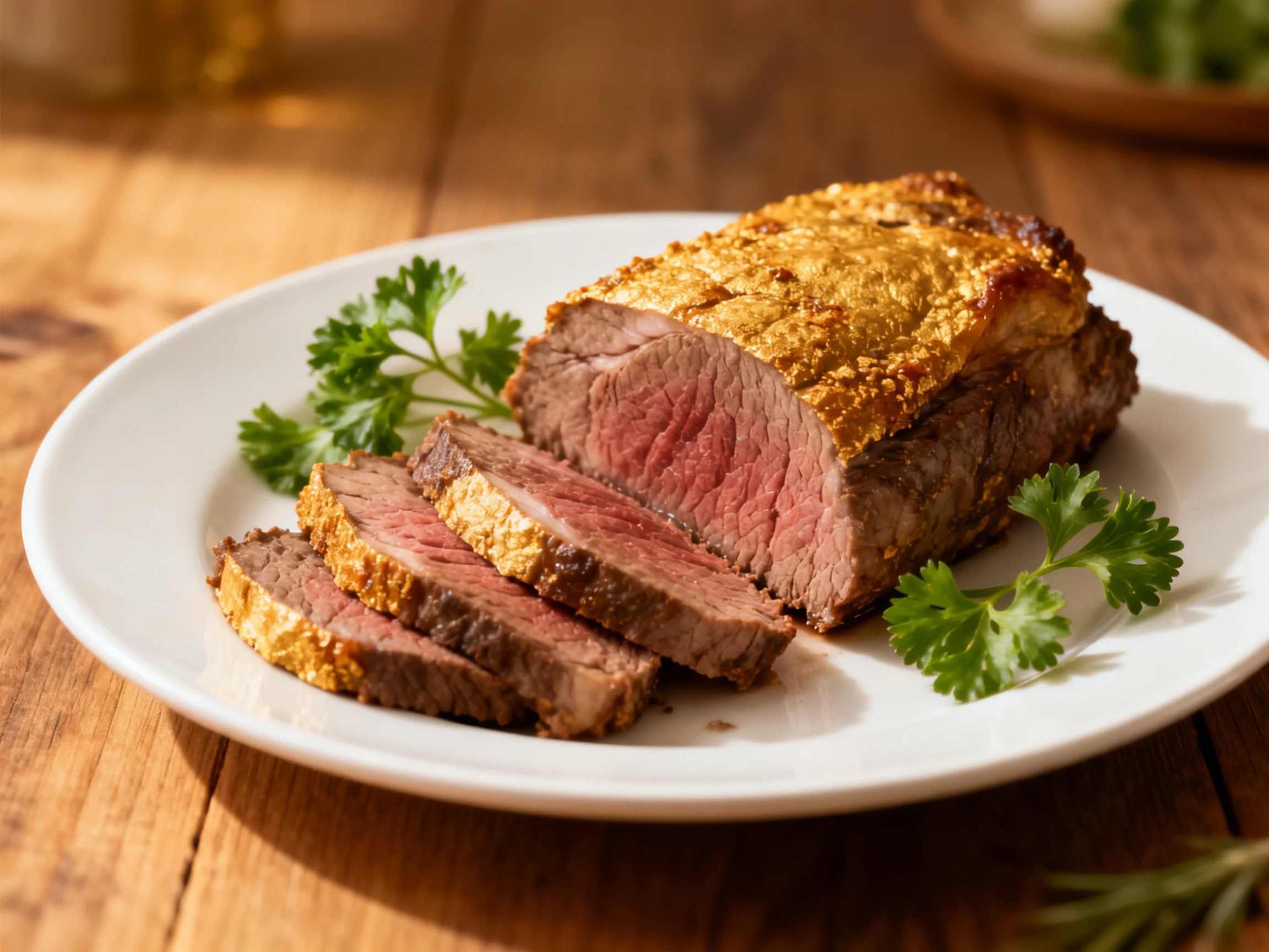 Sliced roast beef with golden crust served on white plate.