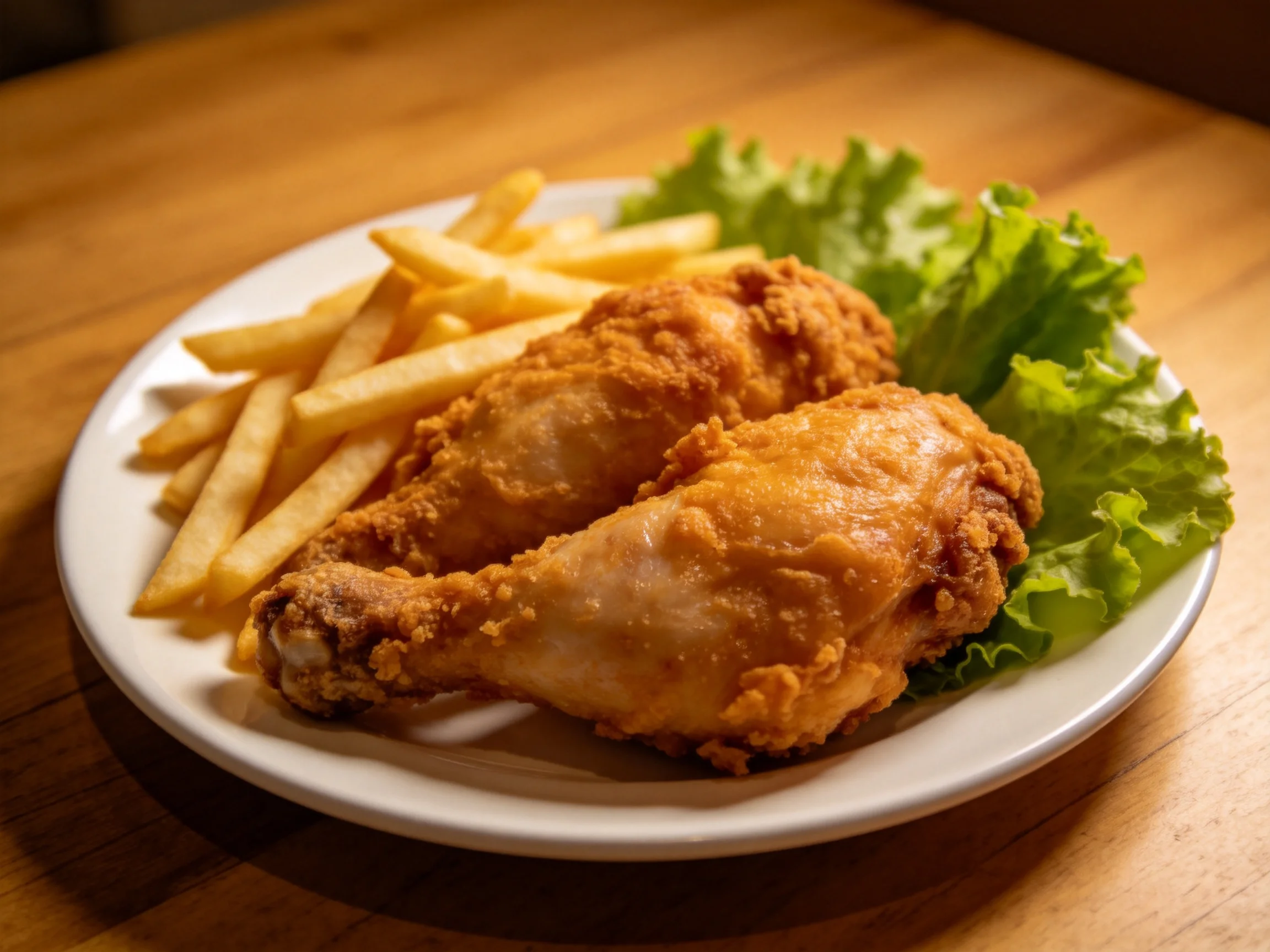 Crispy fried chicken, fries, and green lettuce on a white plate