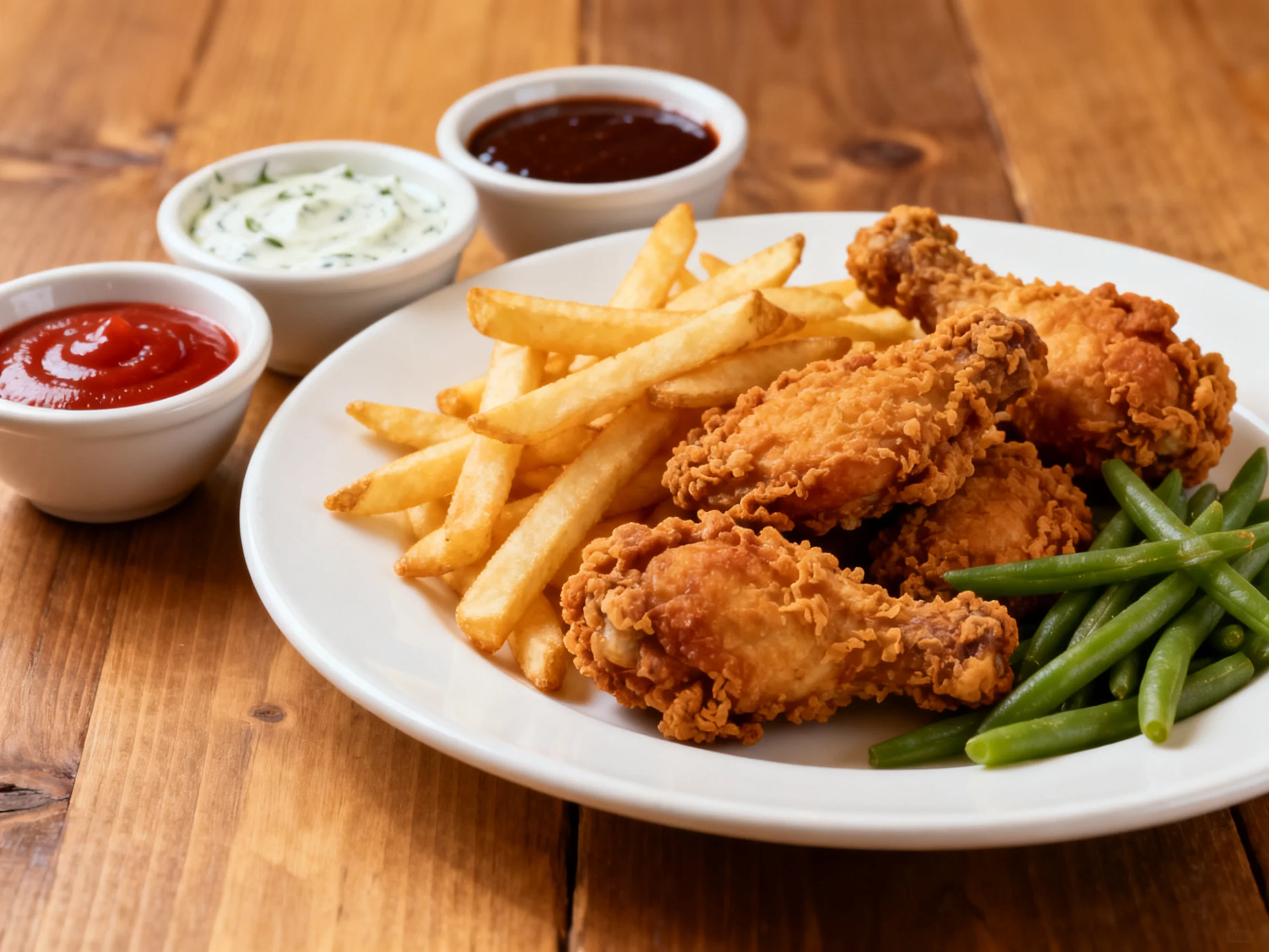 Crispy fried chicken, golden fries, and green beans with three dipping sauces