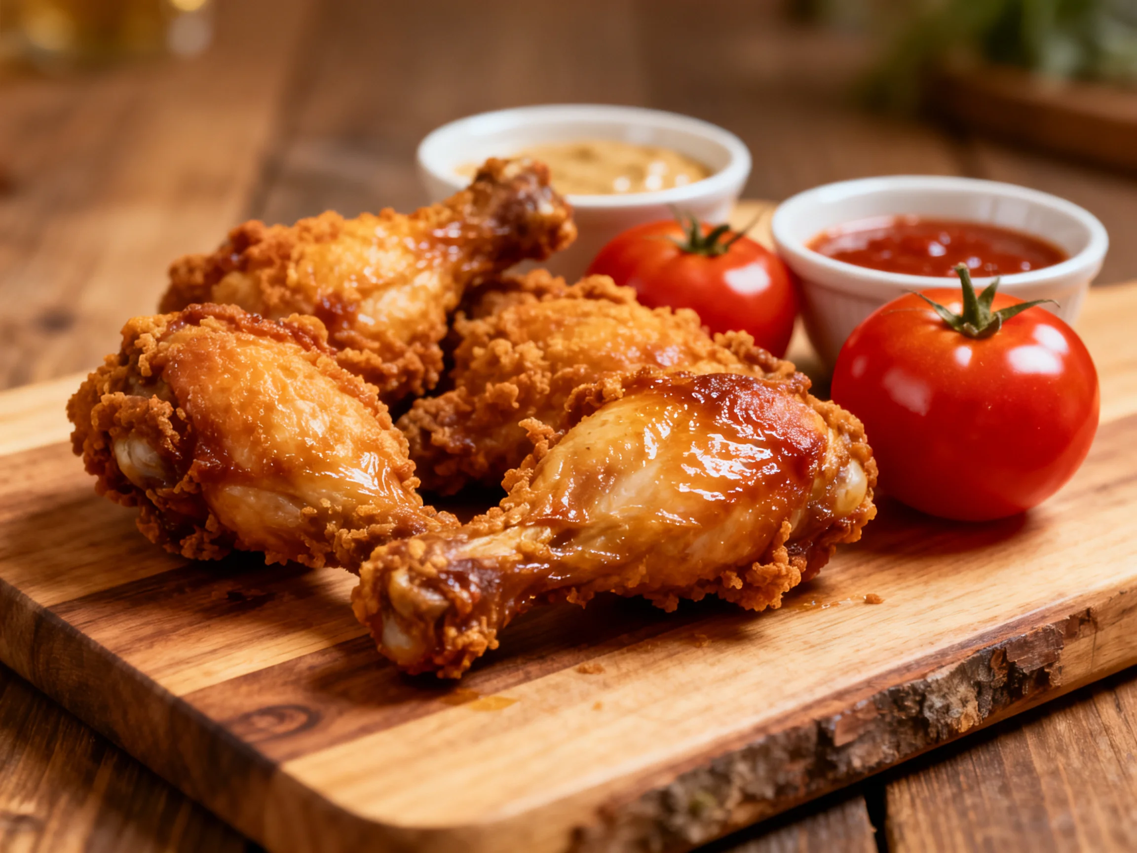 Crispy fried chicken pieces with fresh tomatoes and two sauce cups