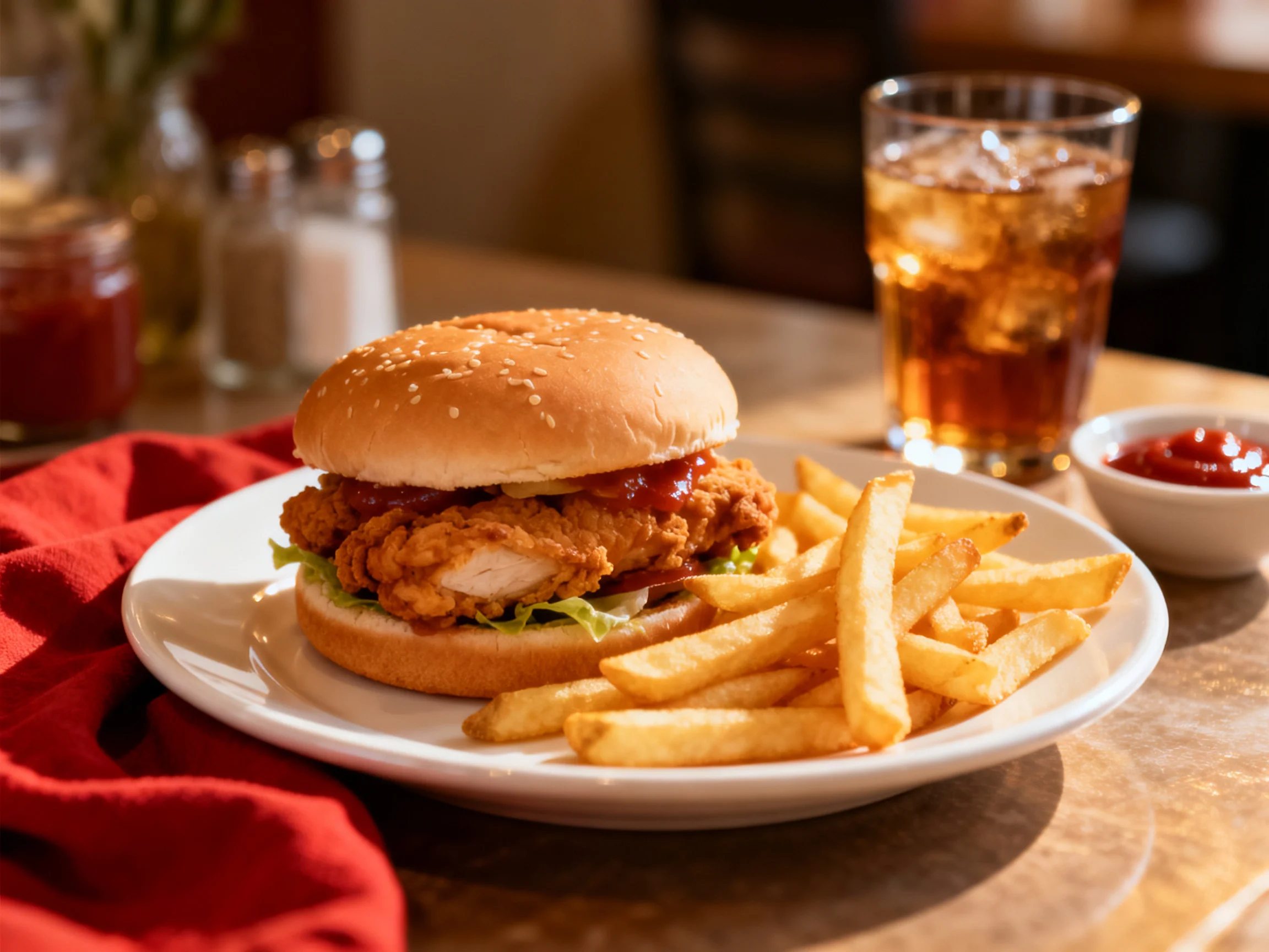 Crispy fried chicken sandwich, golden fries, and iced tea