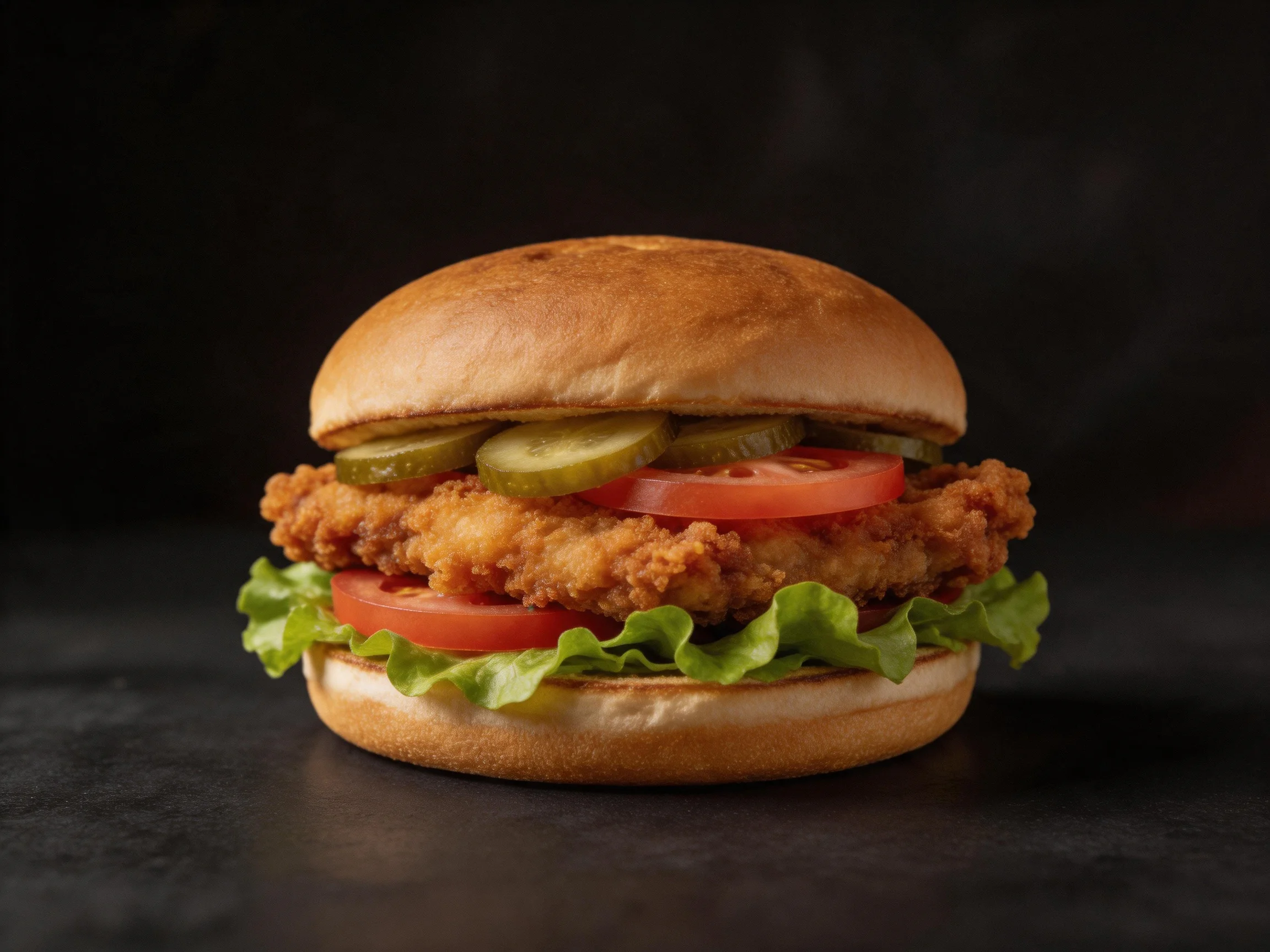 Crispy fried chicken sandwich with fresh tomato, lettuce, and pickles