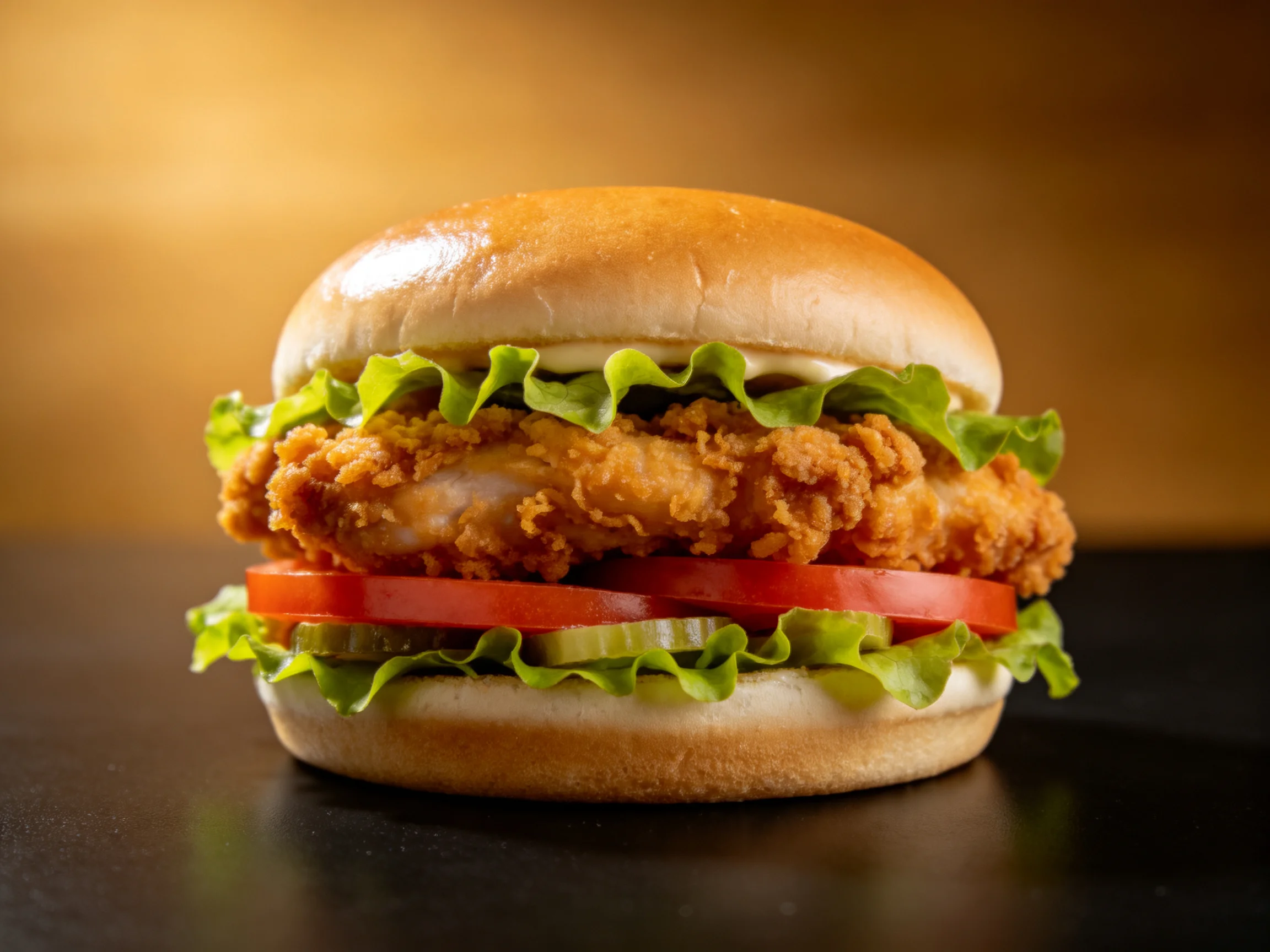 Crispy fried chicken sandwich with fresh veggies and pickles
