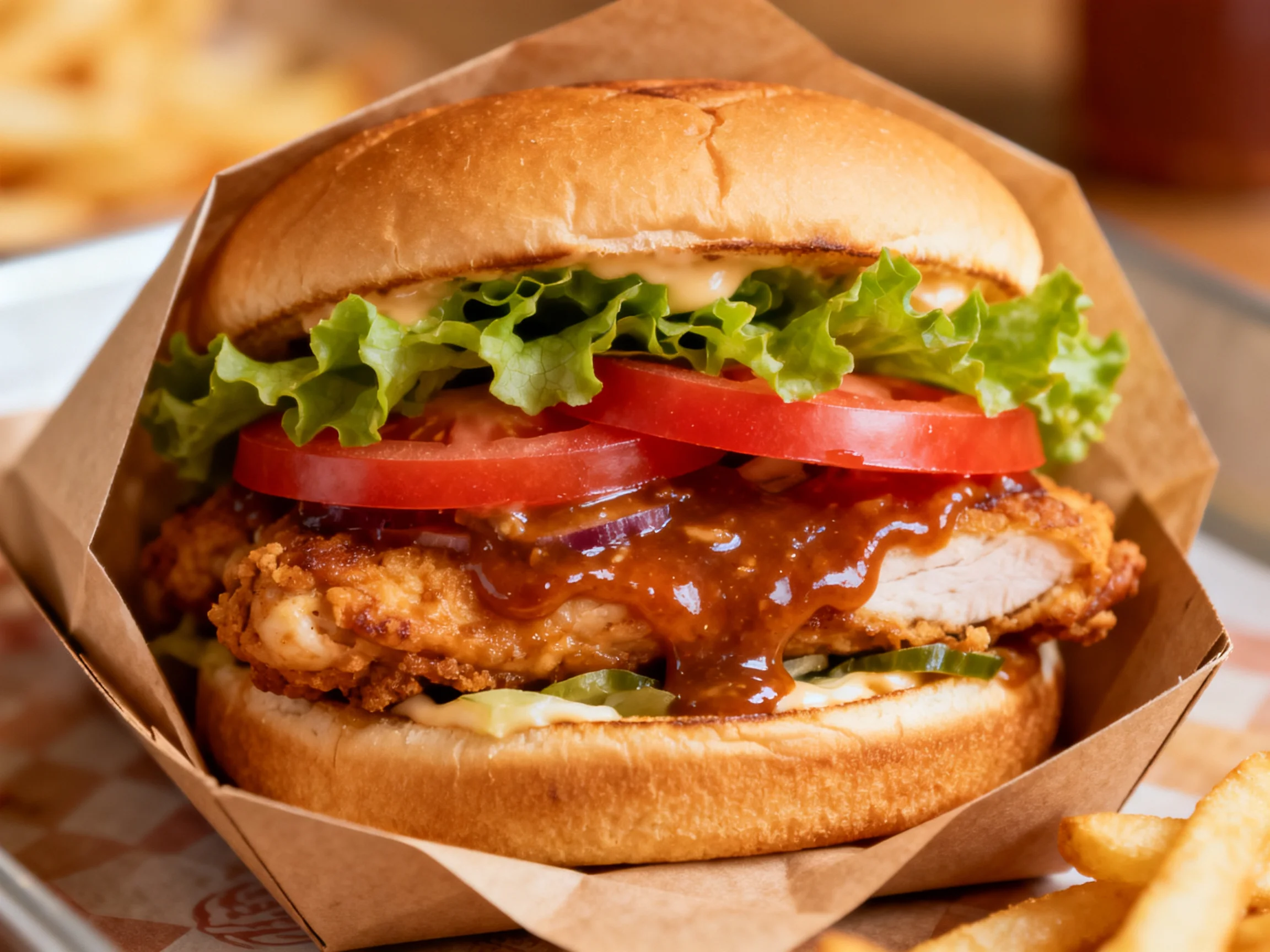 Crispy fried chicken sandwich with fresh veggies and sauce