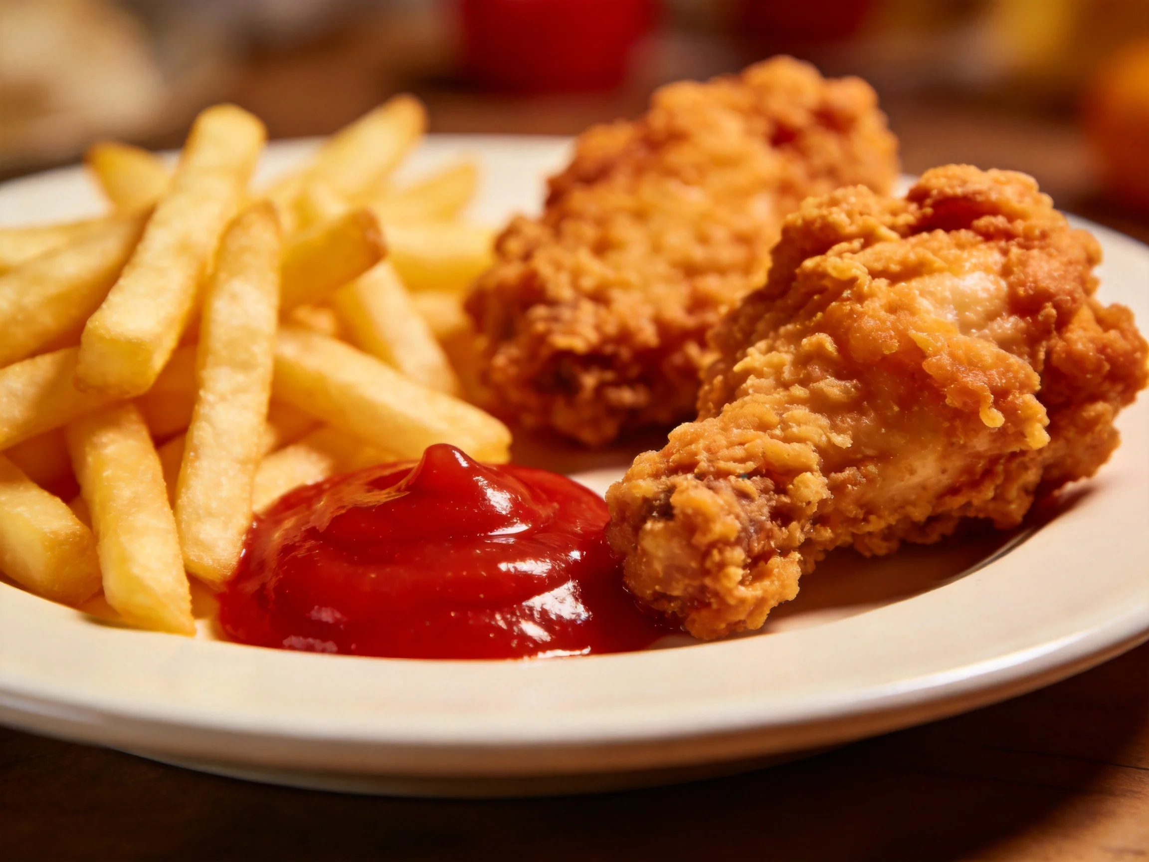 Crispy fried chicken tenders, golden French fries, and vibrant red ketchup served on a white plate