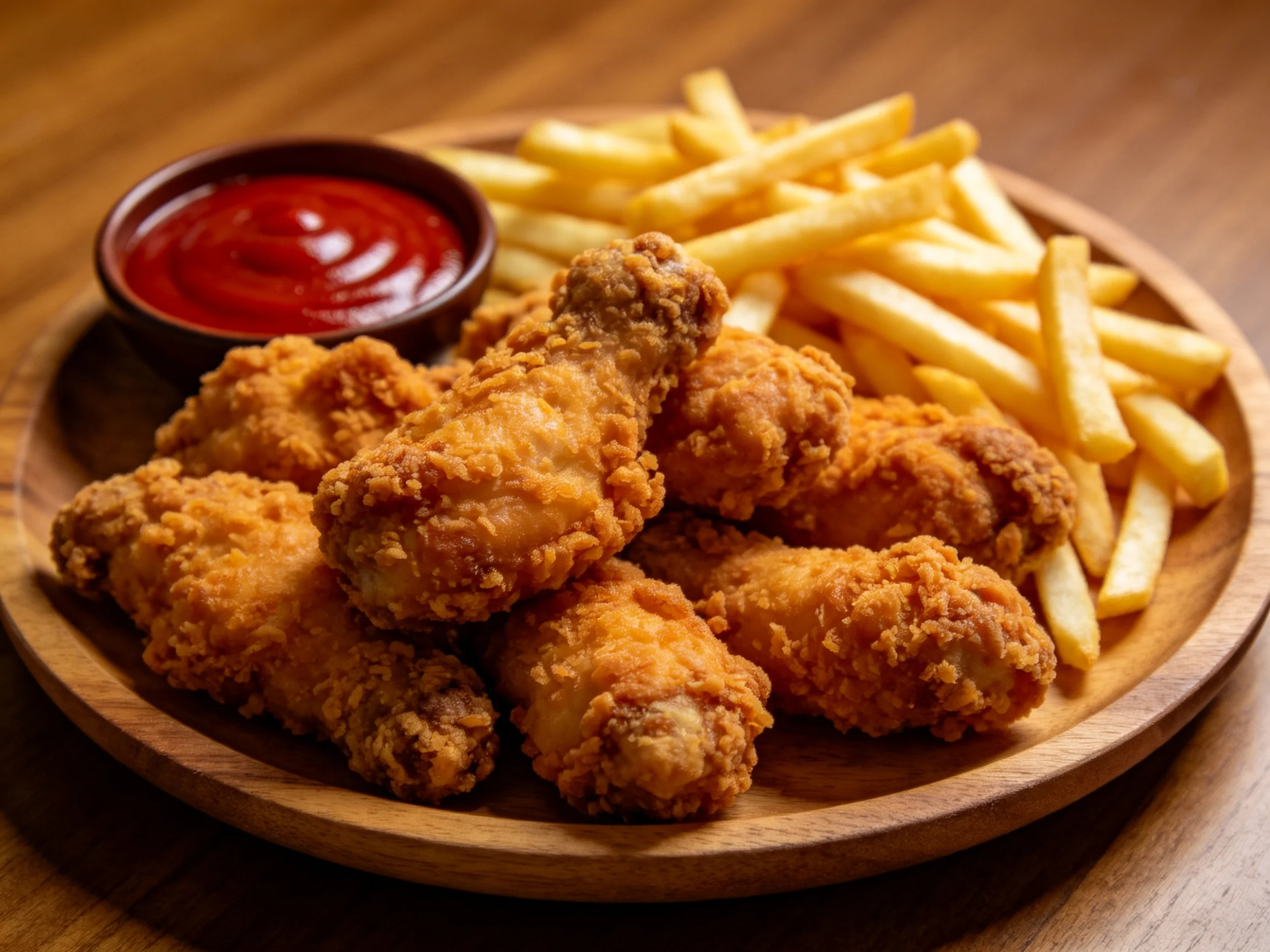Crispy fried chicken wings, golden French fries, red sauce on wooden platter