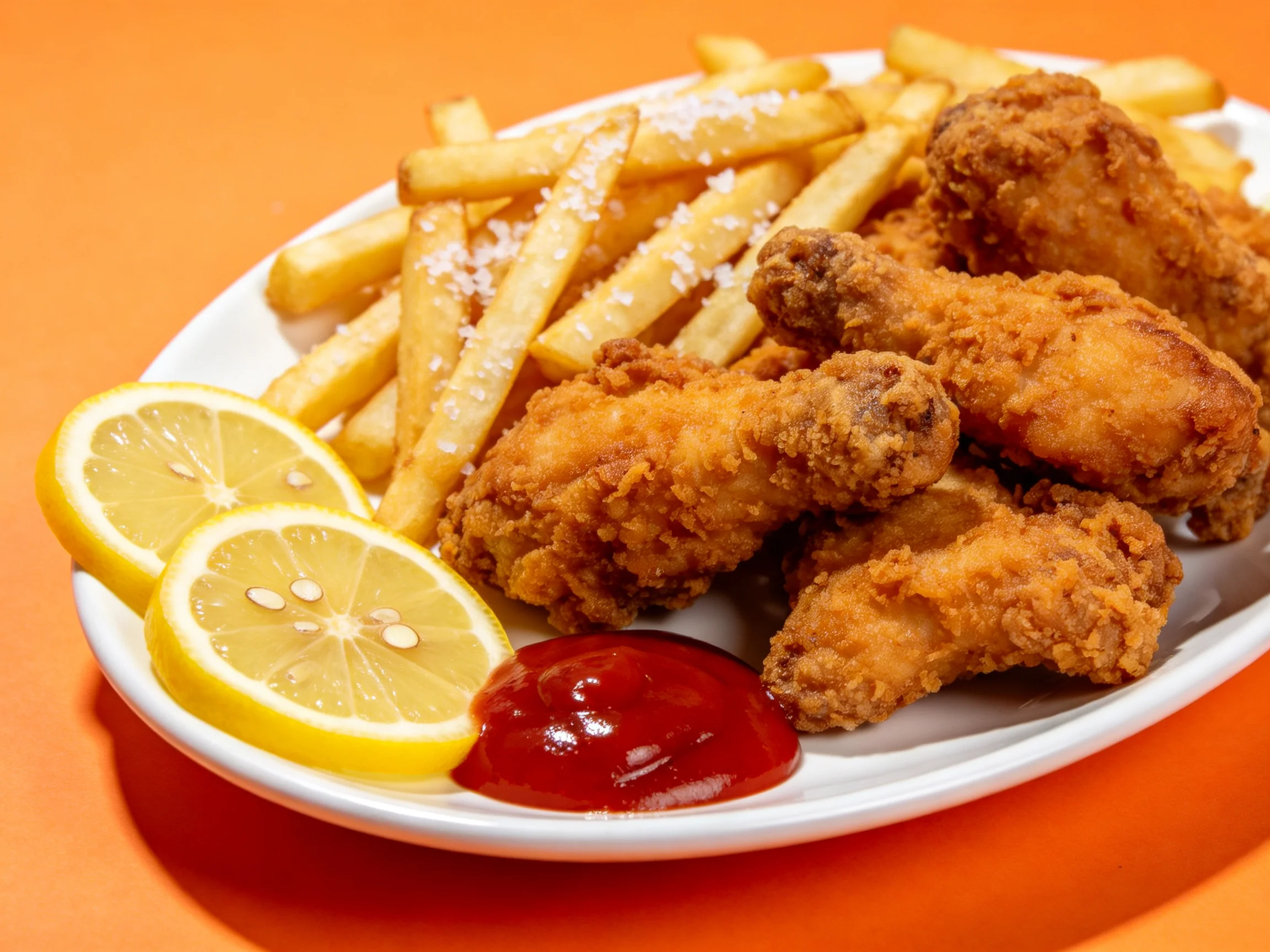 Crispy fried chicken wings, golden fries, lemon slices, and ketchup on a white plate
