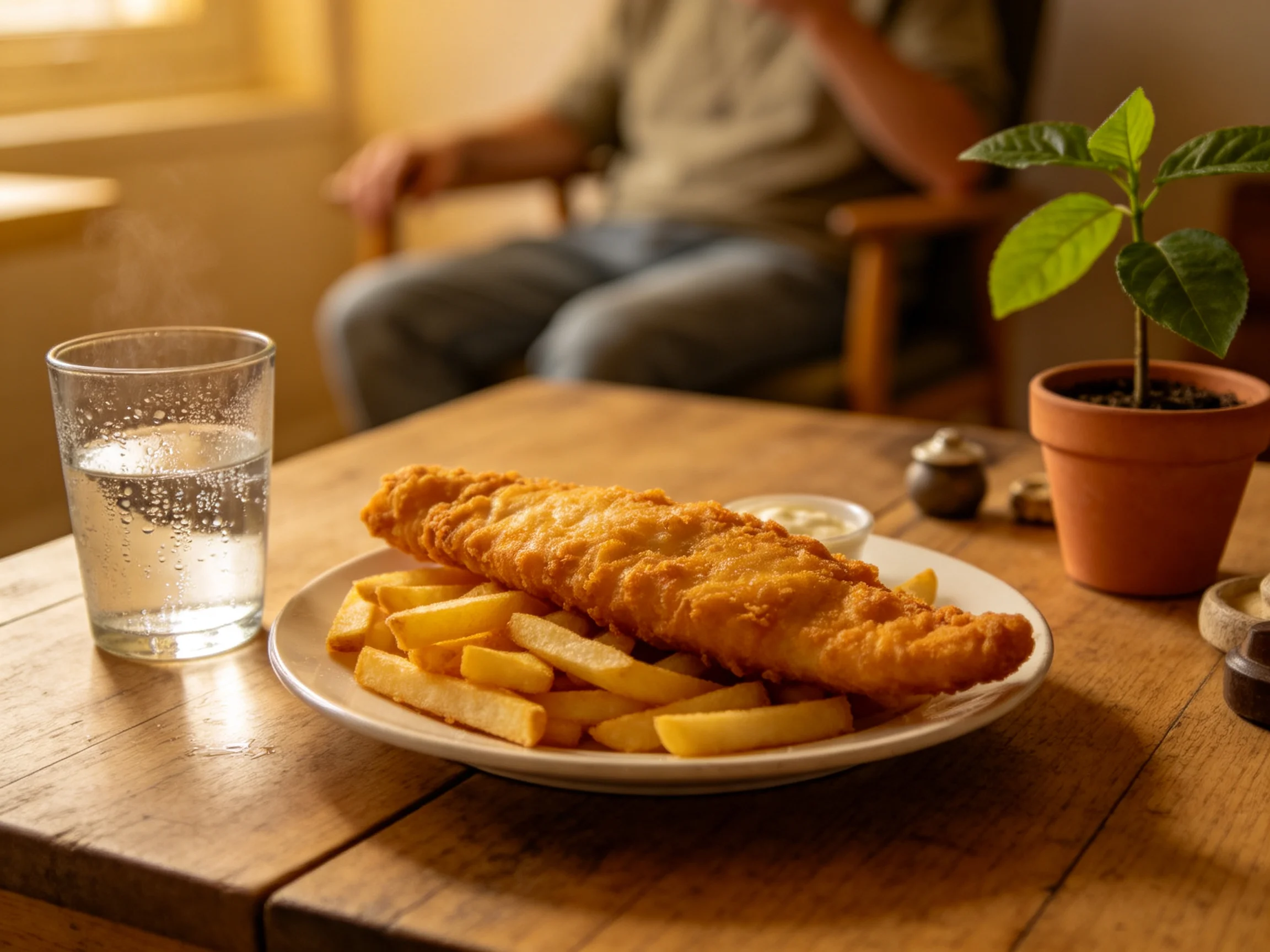 Crispy fried fish atop golden fries on a wooden table with a glass of water