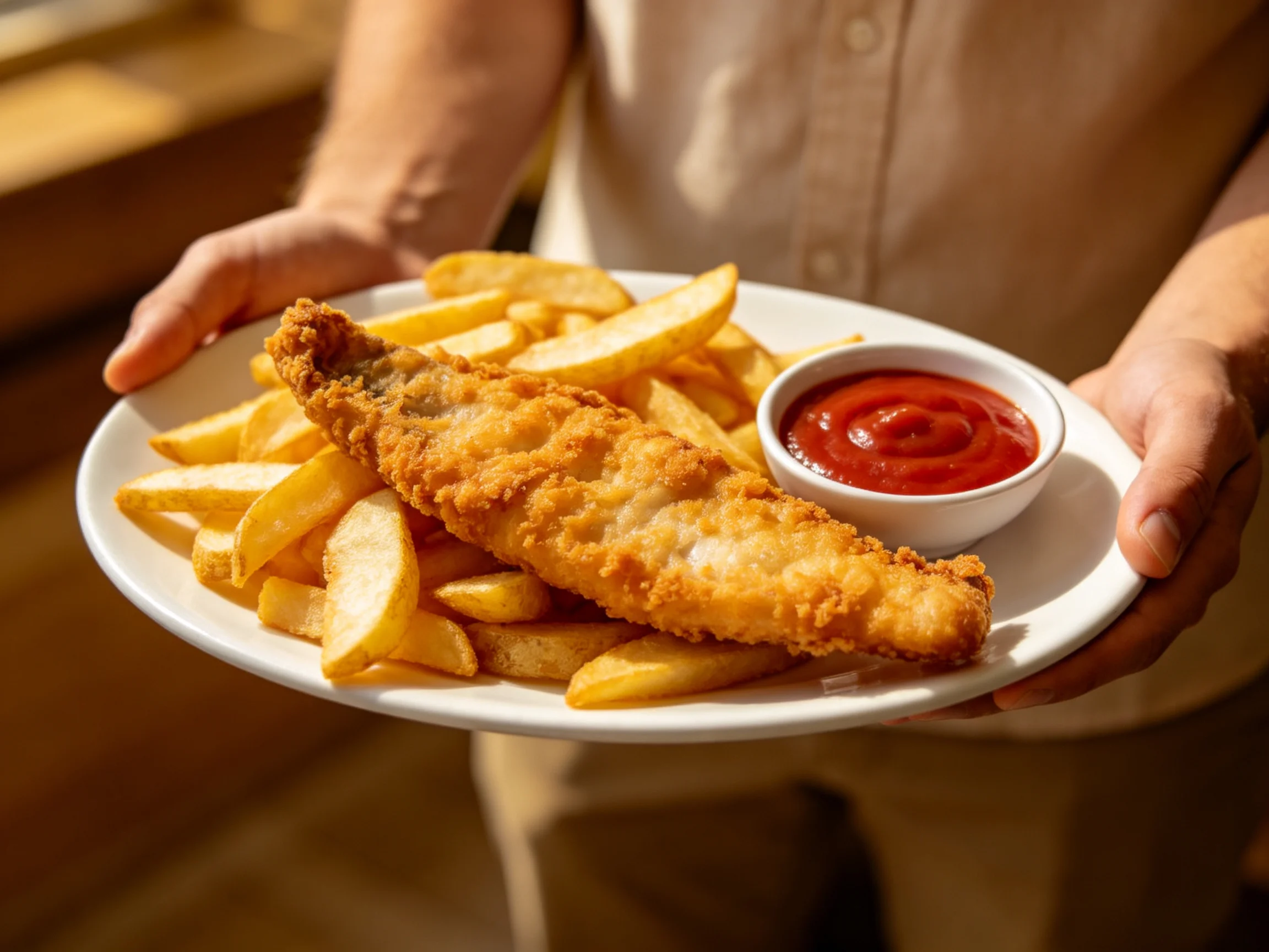 Crispy fried fish fillet with thick-cut fries and ketchup on a white plate