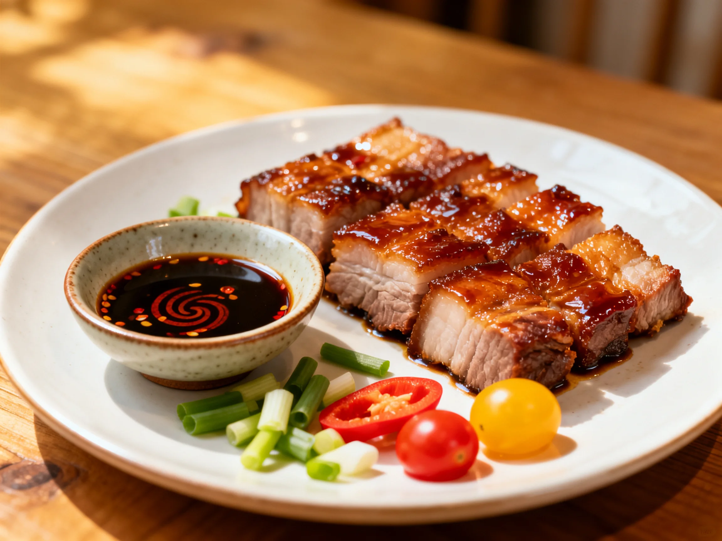Crispy glazed pork slices served with dipping sauce and fresh vegetables