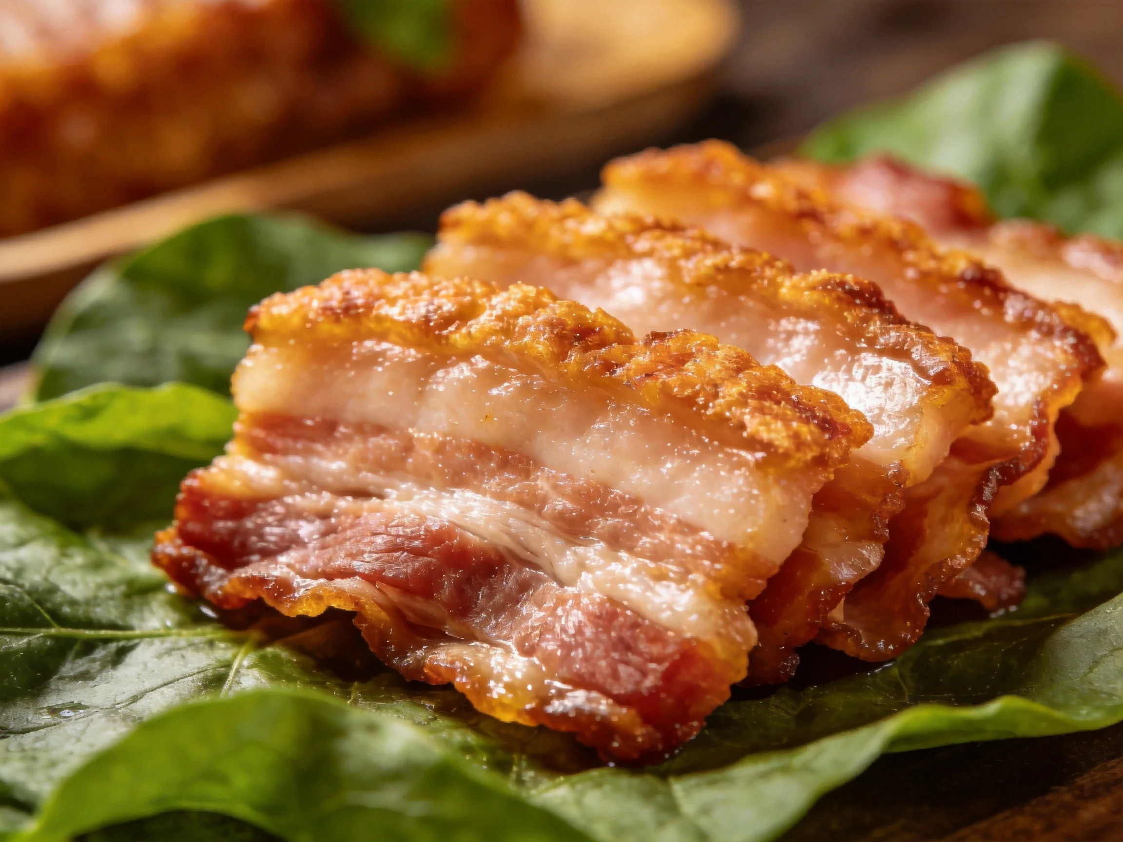 Crispy golden-brown bacon slices presented on fresh green leaves