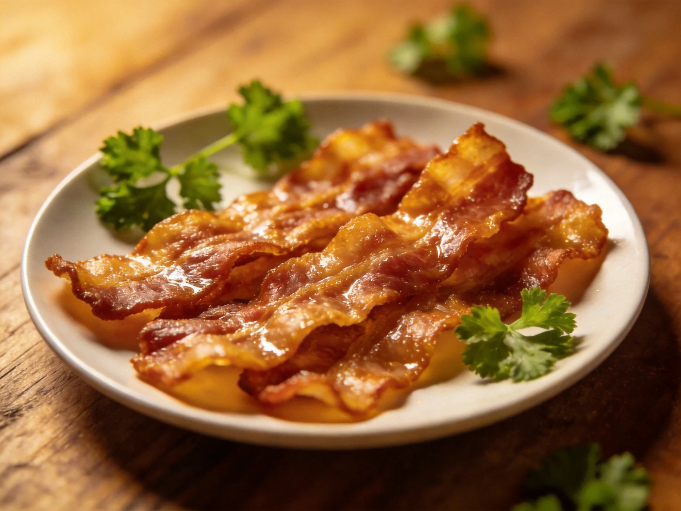 Crispy golden-brown bacon strips on a white plate with fresh green herbs