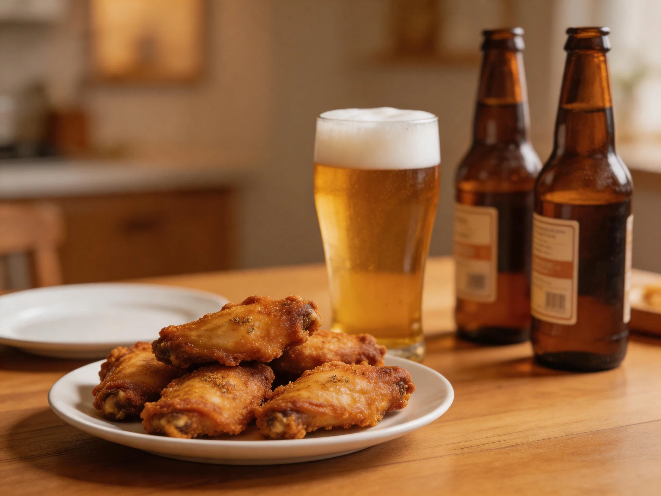 Crispy golden chicken wings, frothy beer, and brown bottles on a wooden table