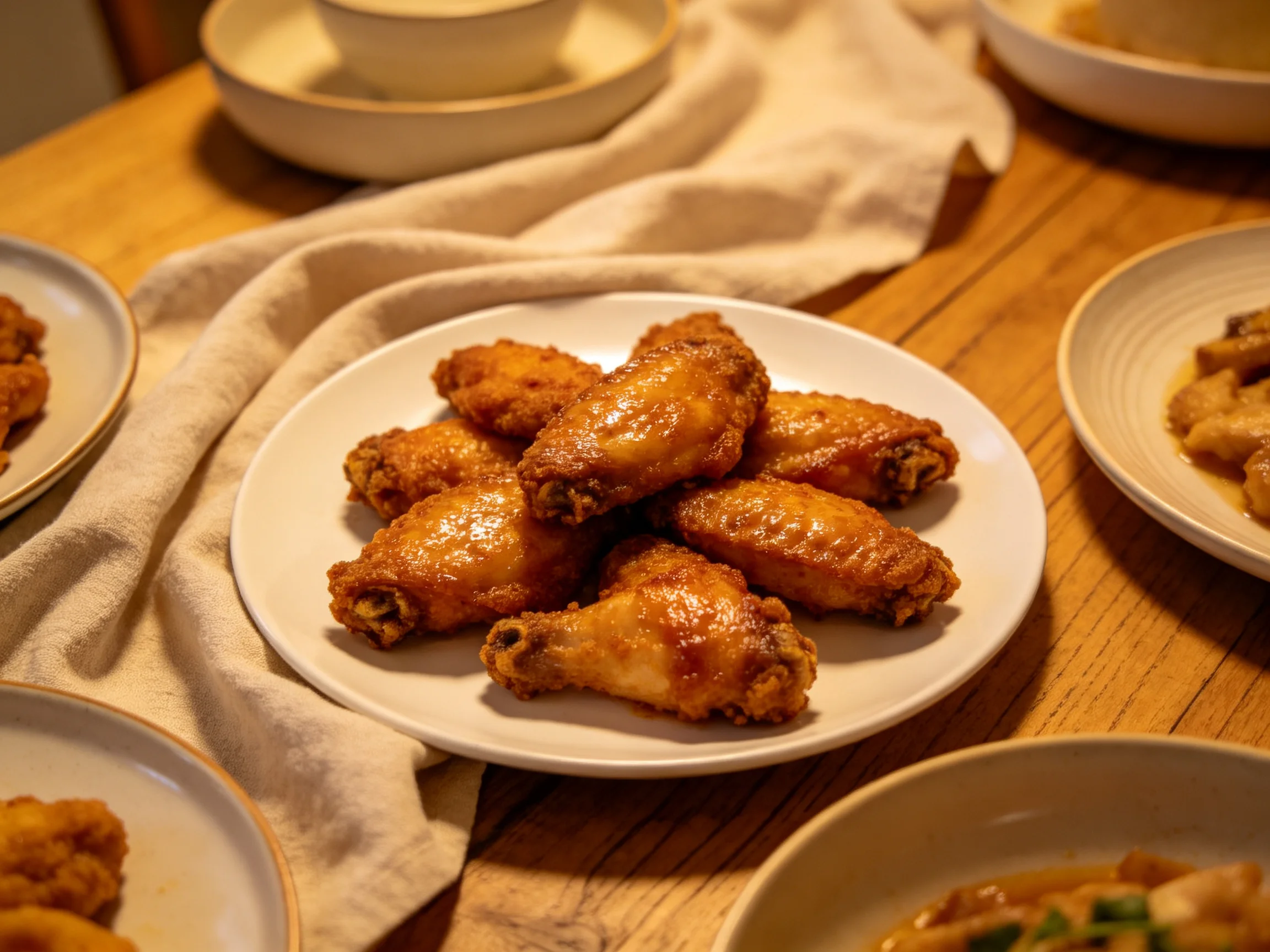 Crispy golden chicken wings on a white plate among dishes