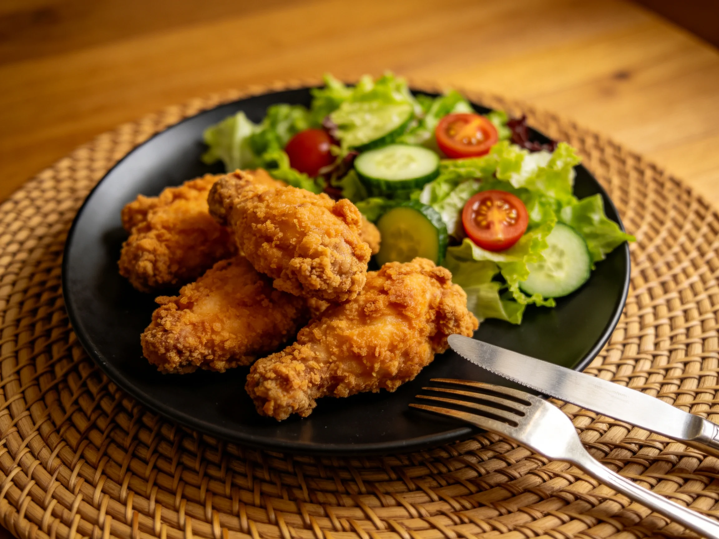 Crispy golden chicken wings with fresh green salad on a black plate