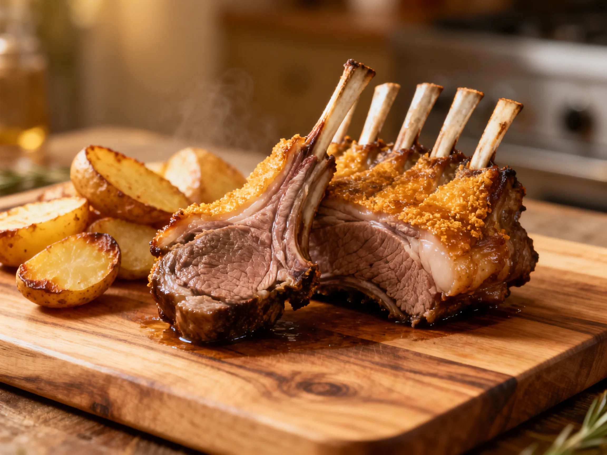 Crispy golden lamb rack served with roasted potato wedges