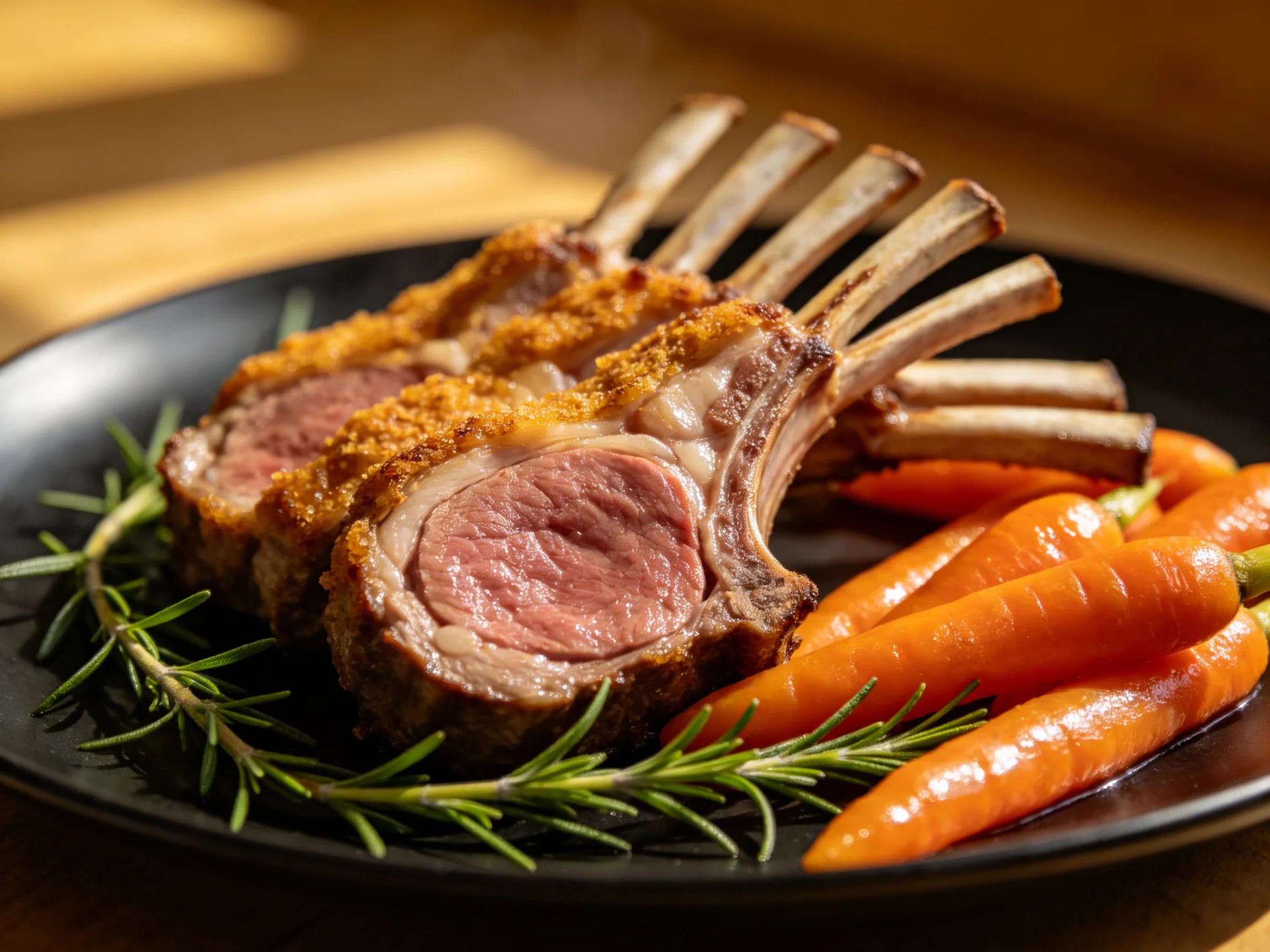 Crispy lamb chops, glazed carrots, and fresh rosemary on a black plate