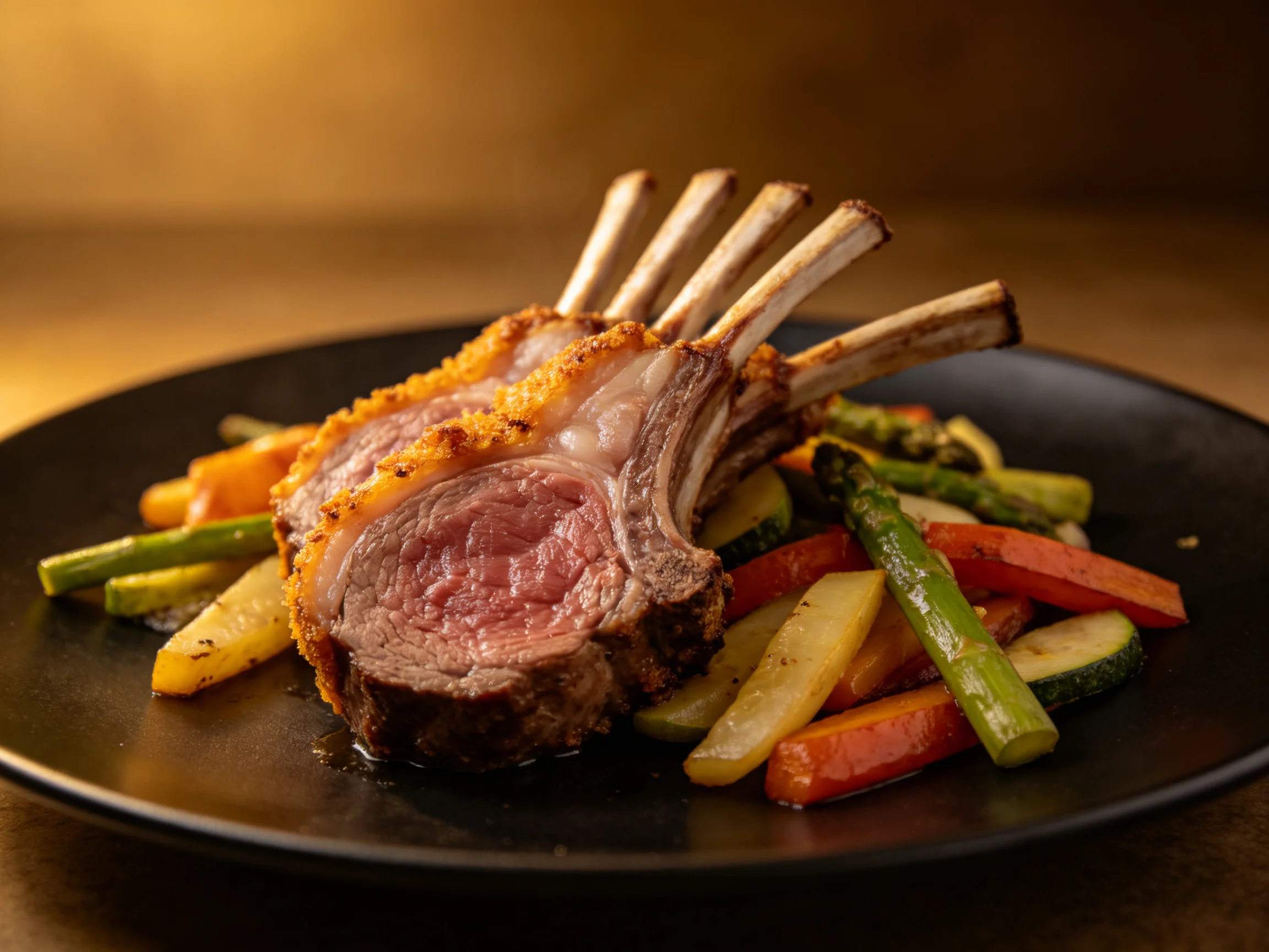 Crispy rack of lamb served with assorted roasted vegetables