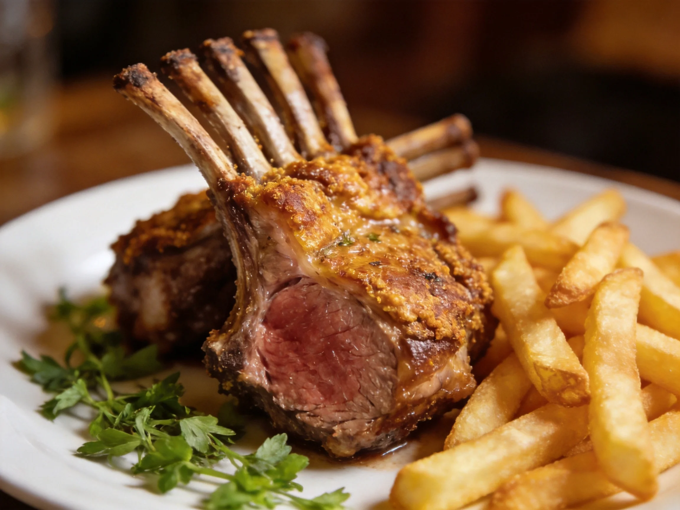 Crispy rack of lamb with golden fries and fresh herbs