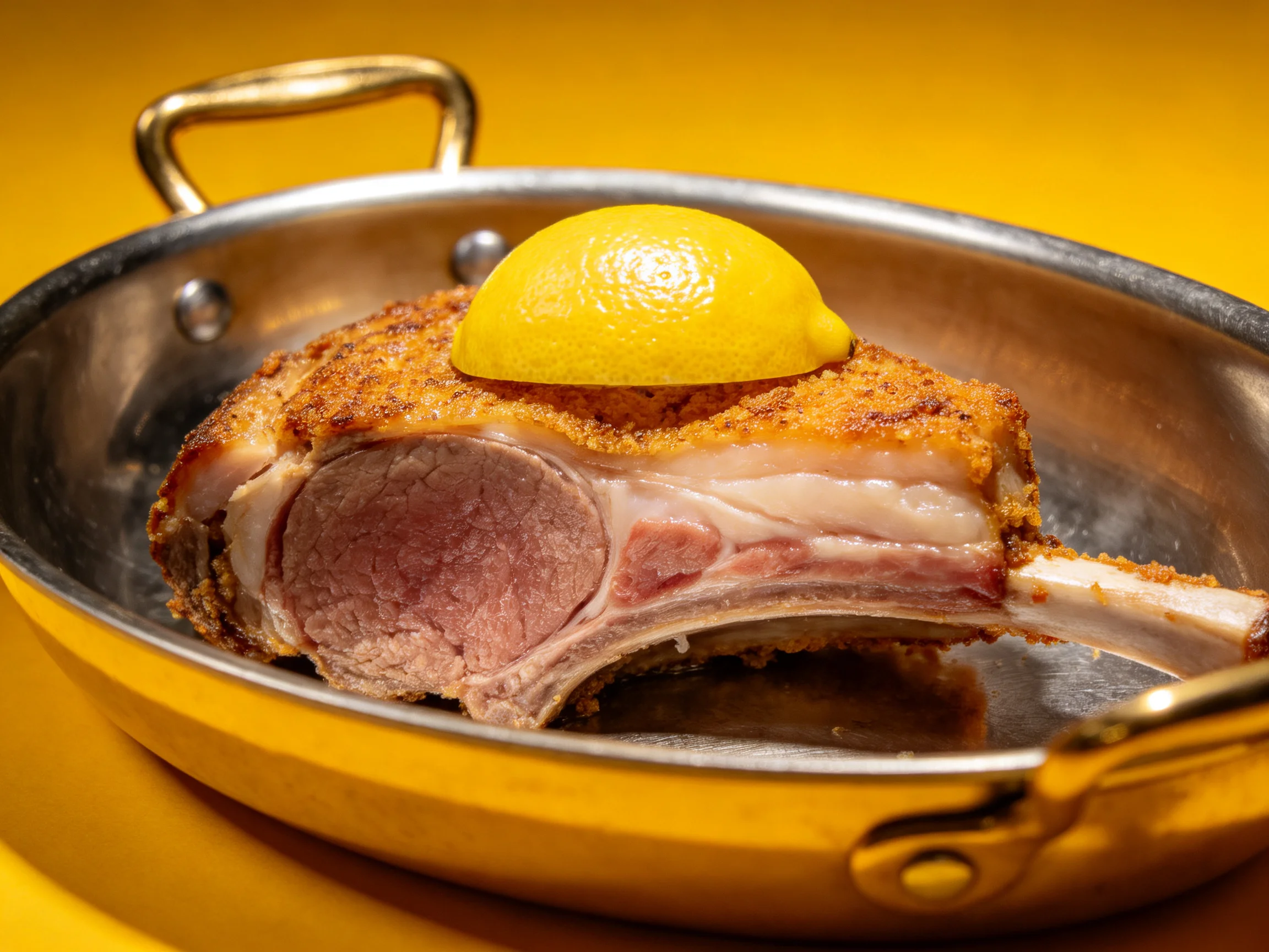 Crispy roasted lamb chop with lemon in a polished metal pan