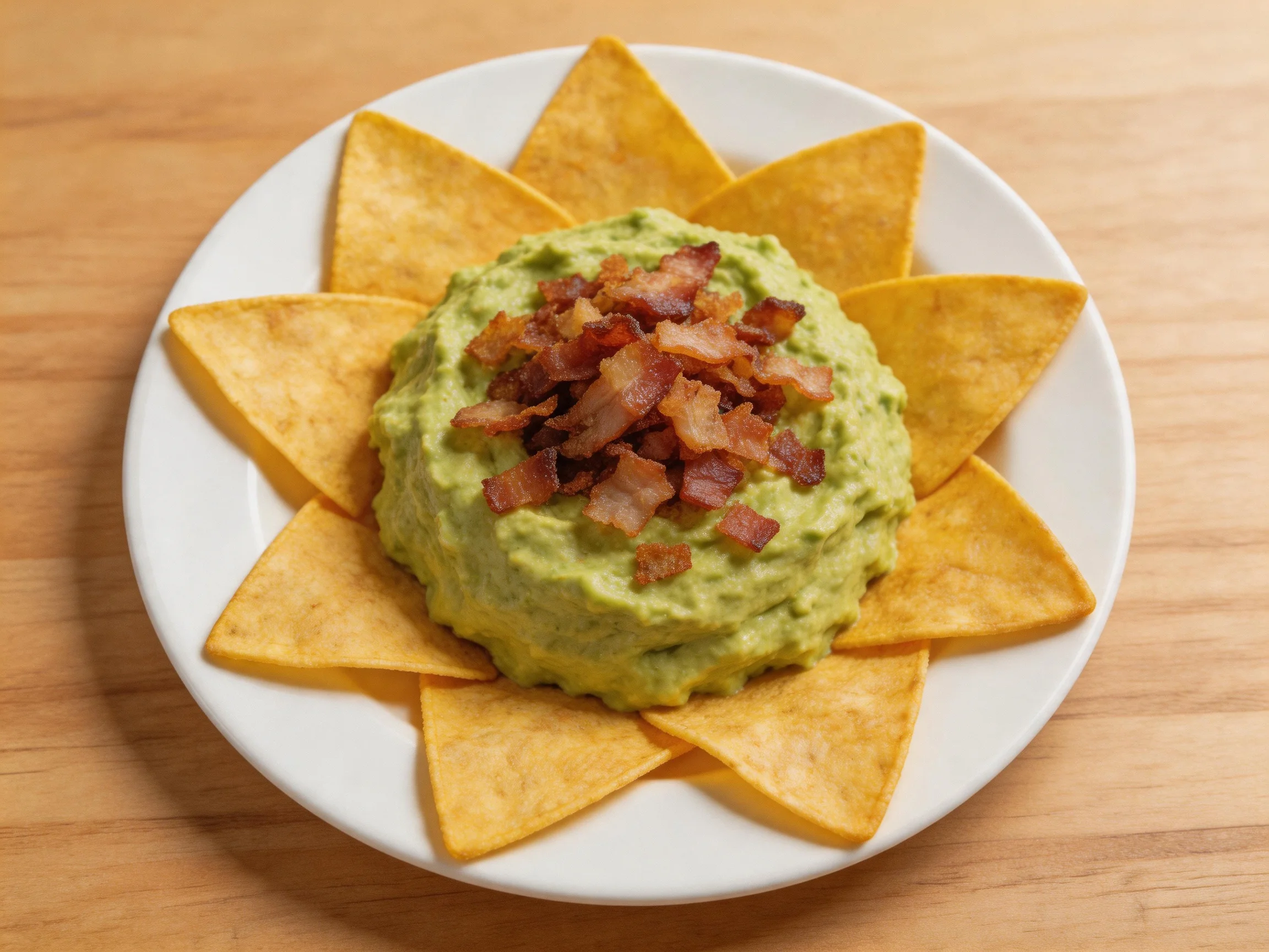 Crispy tortilla chips surround creamy guacamole topped with bacon bits