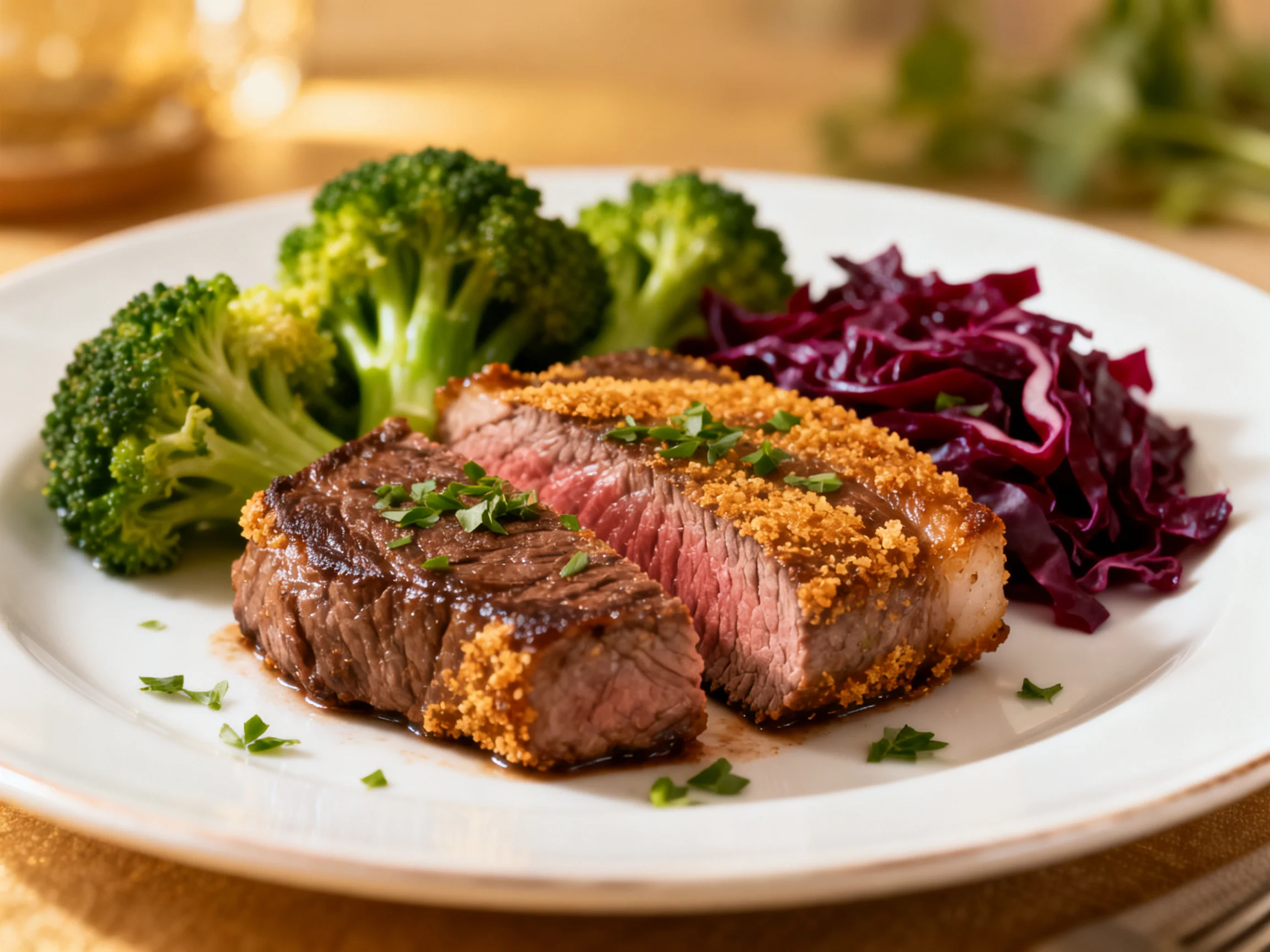 Crusted Steak, Broccoli, and Red Cabbage on a White Plate