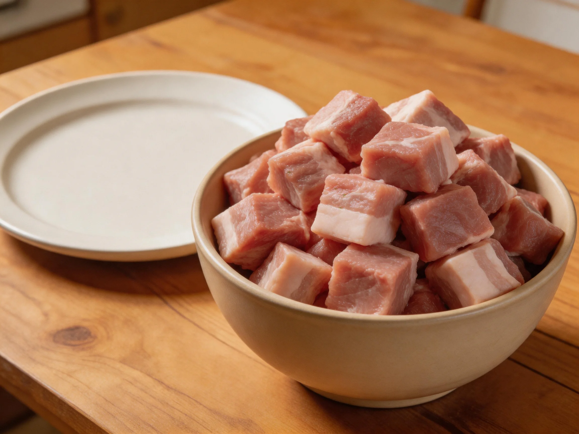 Cubed pink pork fills a beige bowl near an empty white plate on a wooden table