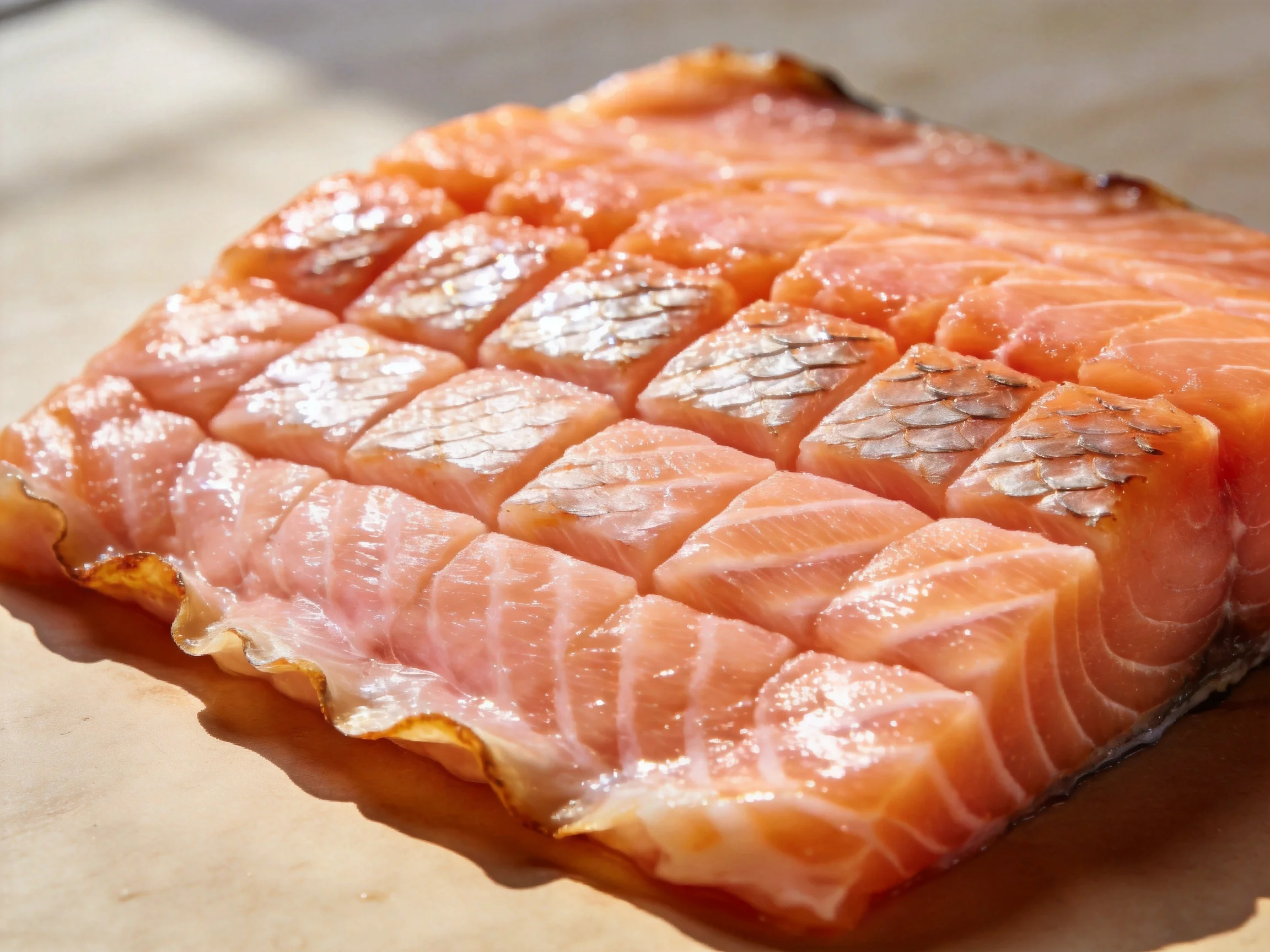 Cubed smoked salmon fillet showing vibrant orange tones