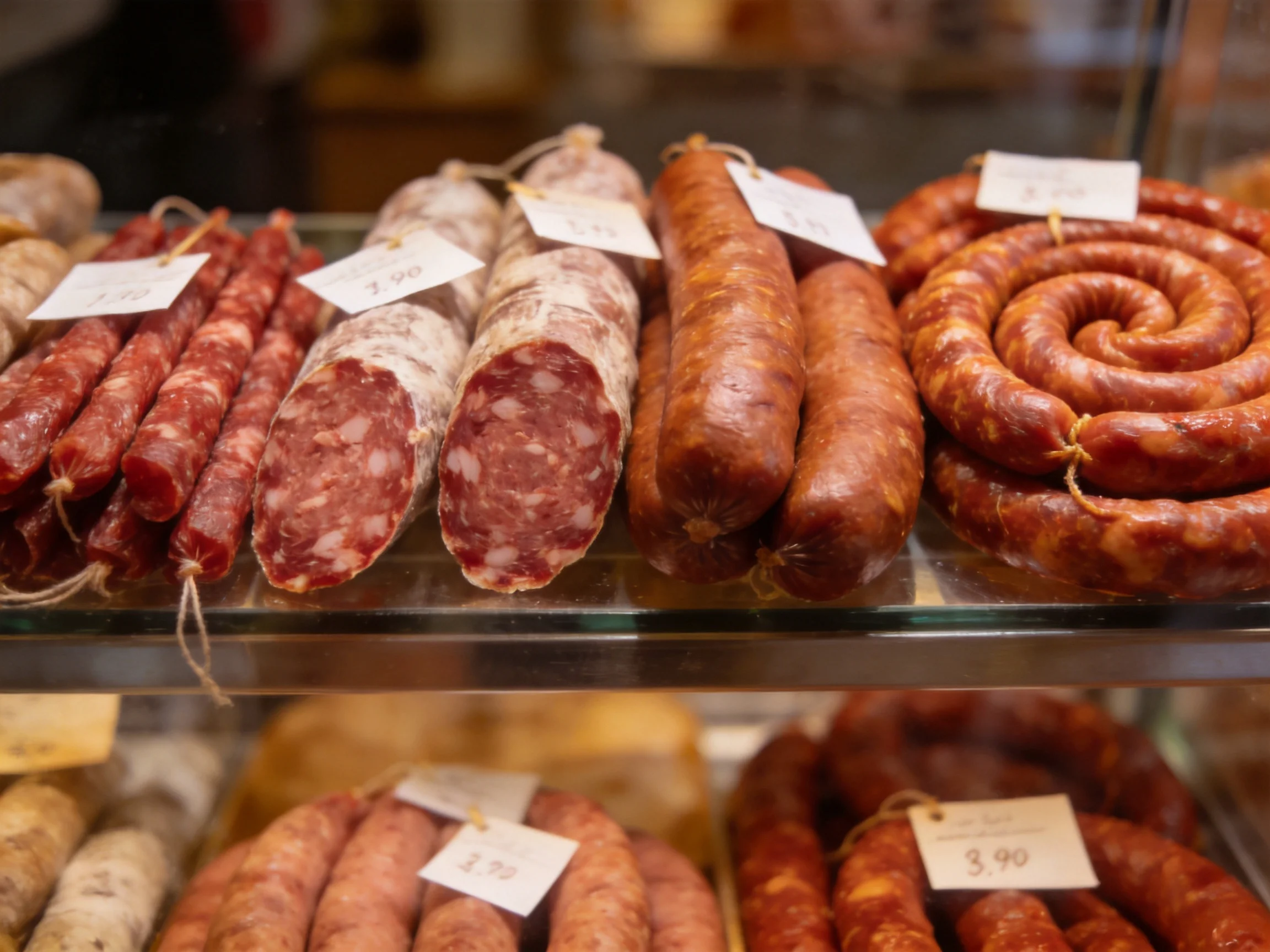 Cured Sausages Displayed in Diverse Forms and Rich Hues
