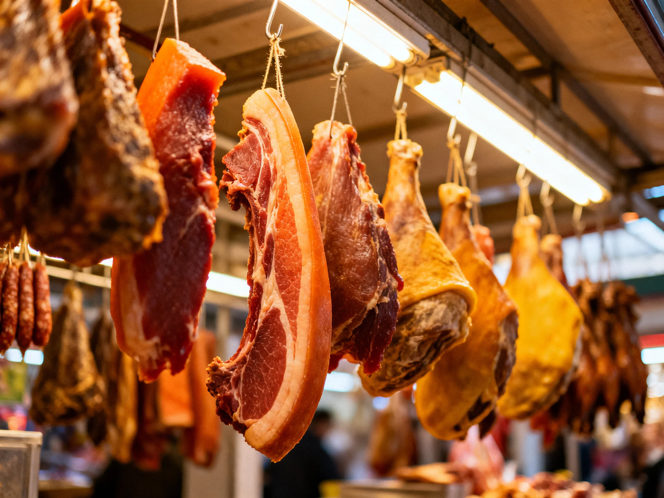 Cured hams and assorted meats hang suspended under bright market lighting
