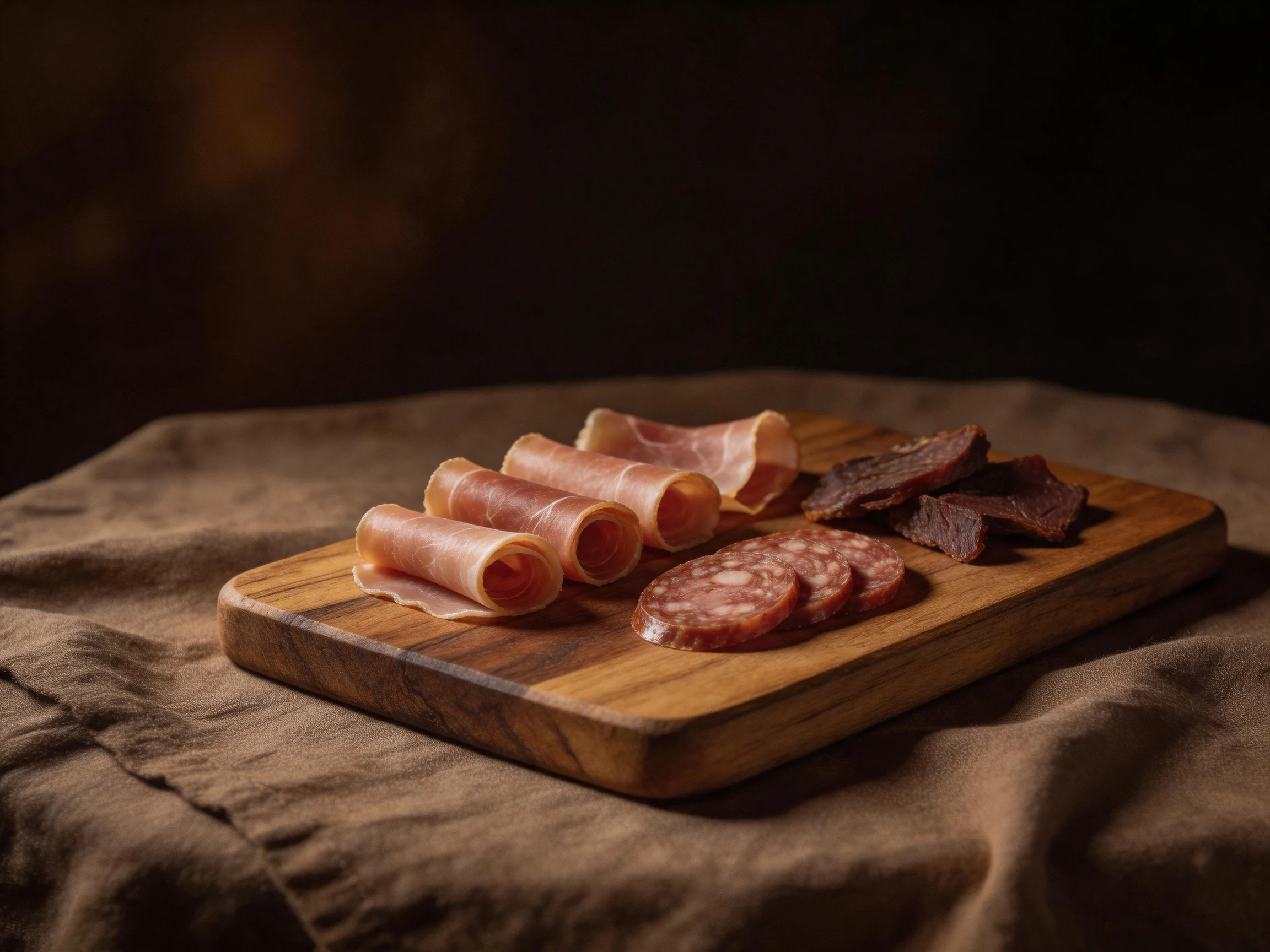 Cured meats including ham rolls, salami, and dried meat on a wooden board