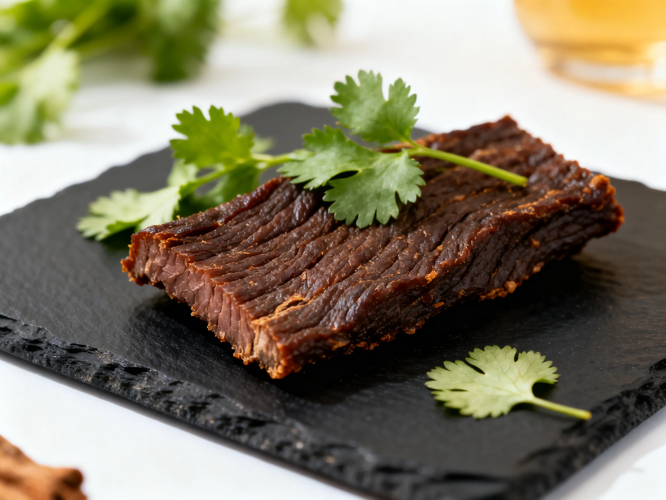 Dark brown beef jerky garnished with fresh green cilantro on a black slate