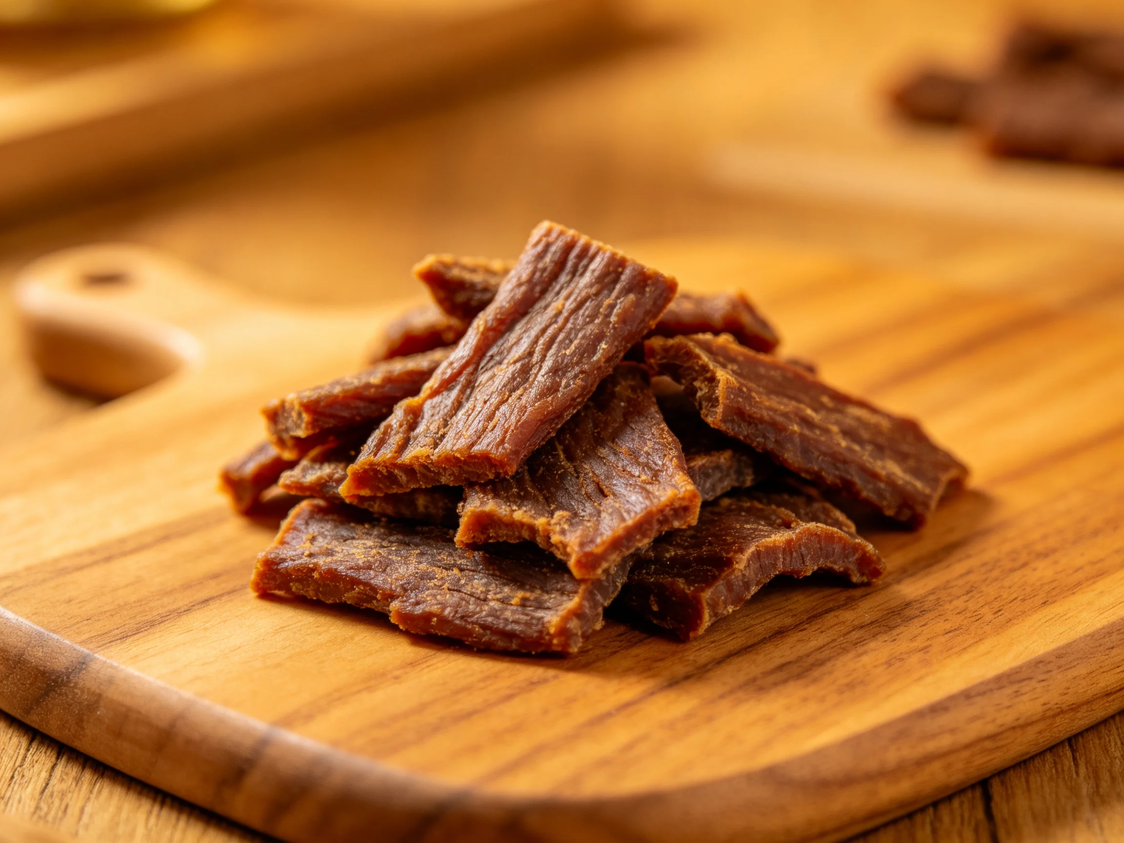Dark brown beef jerky piled high on a polished wooden cutting board