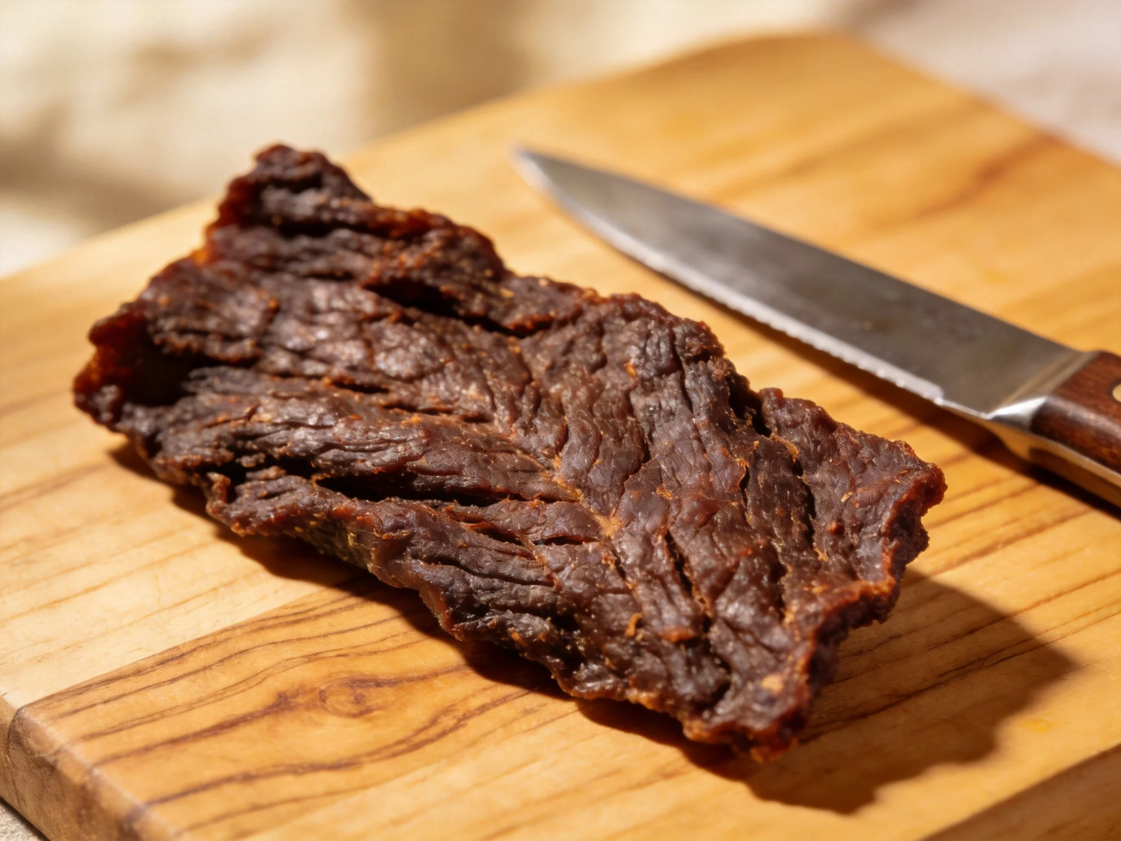 Dark brown beef jerky positioned on a light wooden cutting board alongside a stainless steel knife