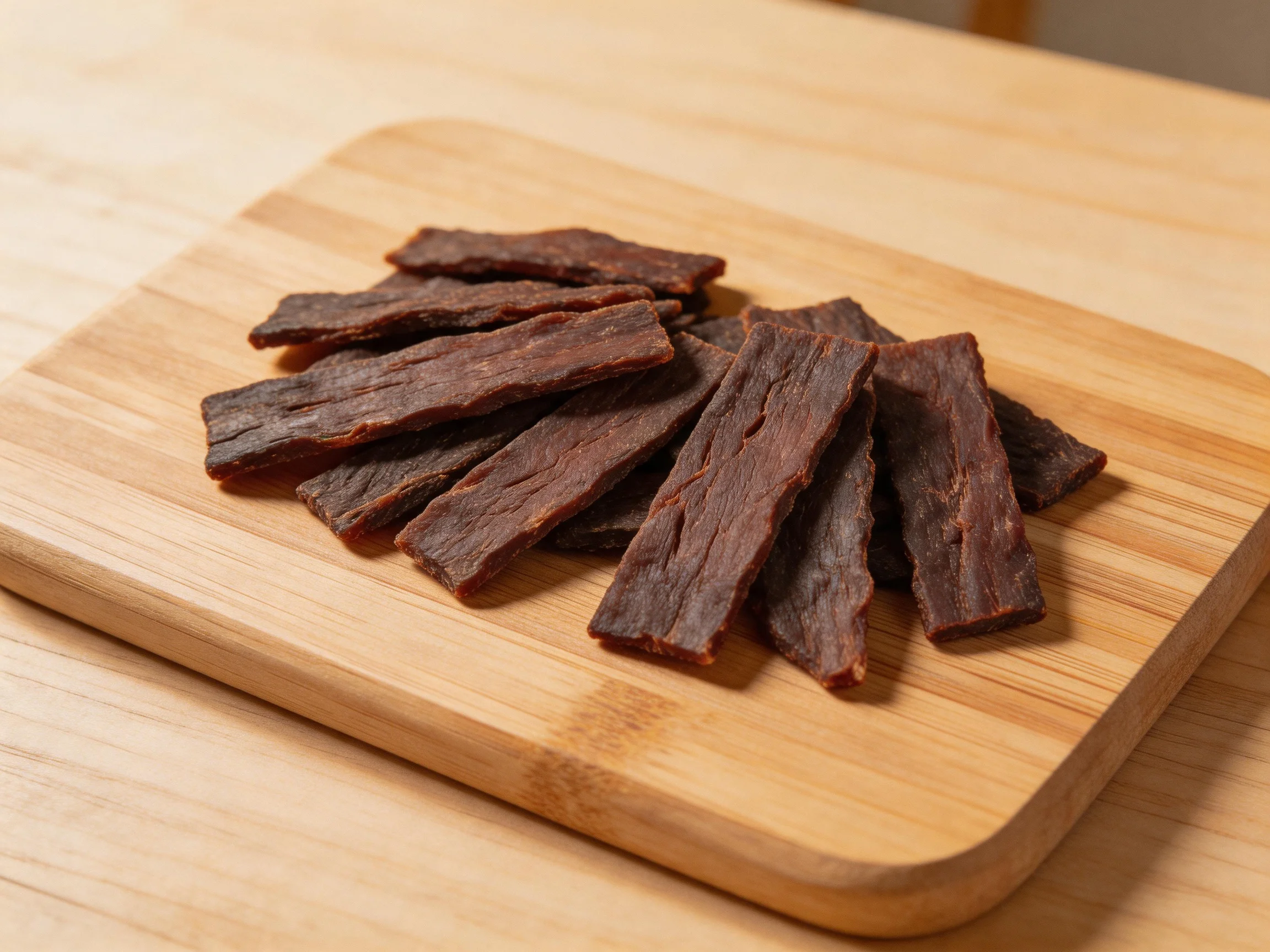 Dark brown beef jerky strips arranged on a light bamboo cutting board