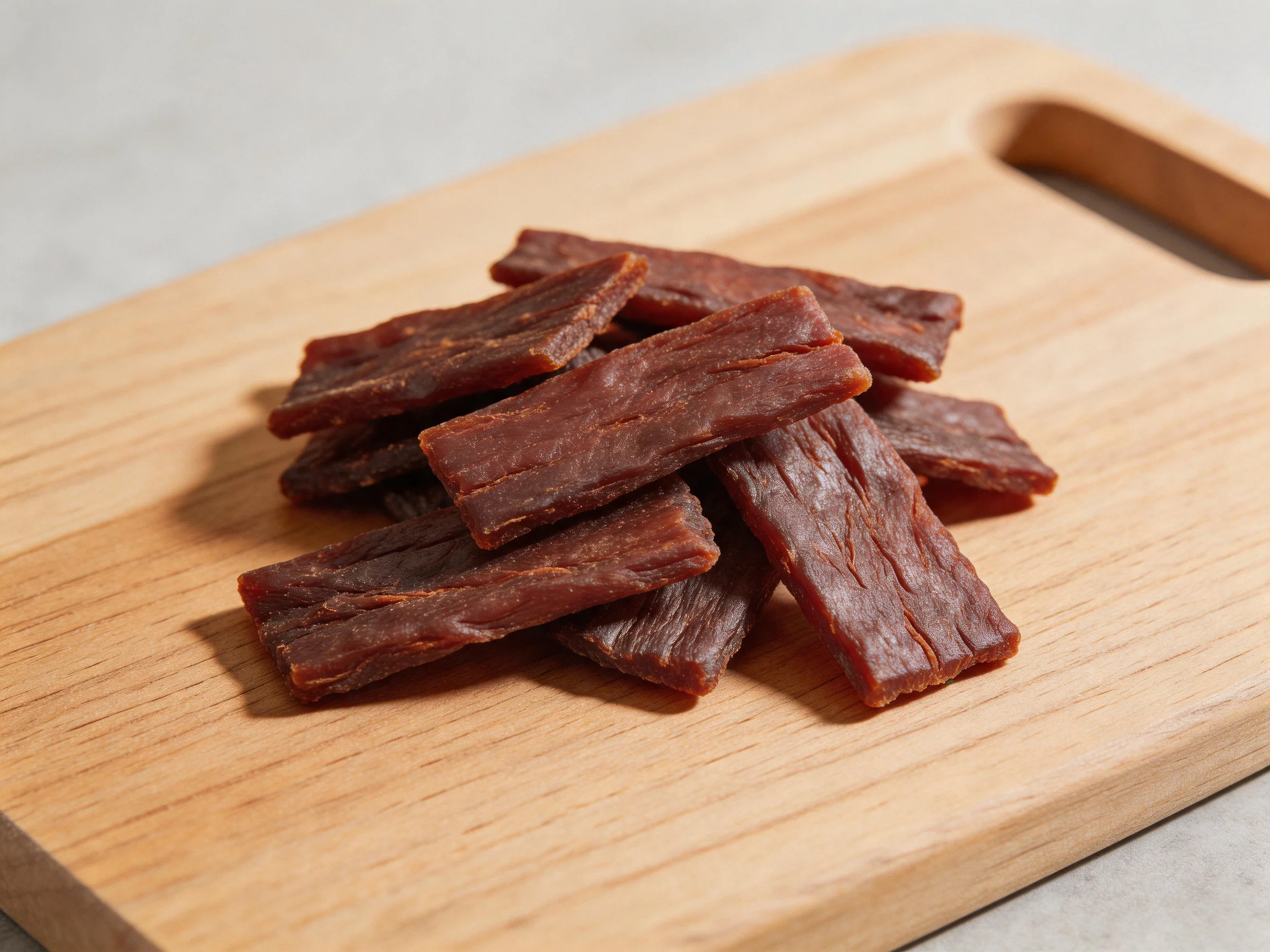 Dark brown beef jerky strips arranged on a light wooden cutting board