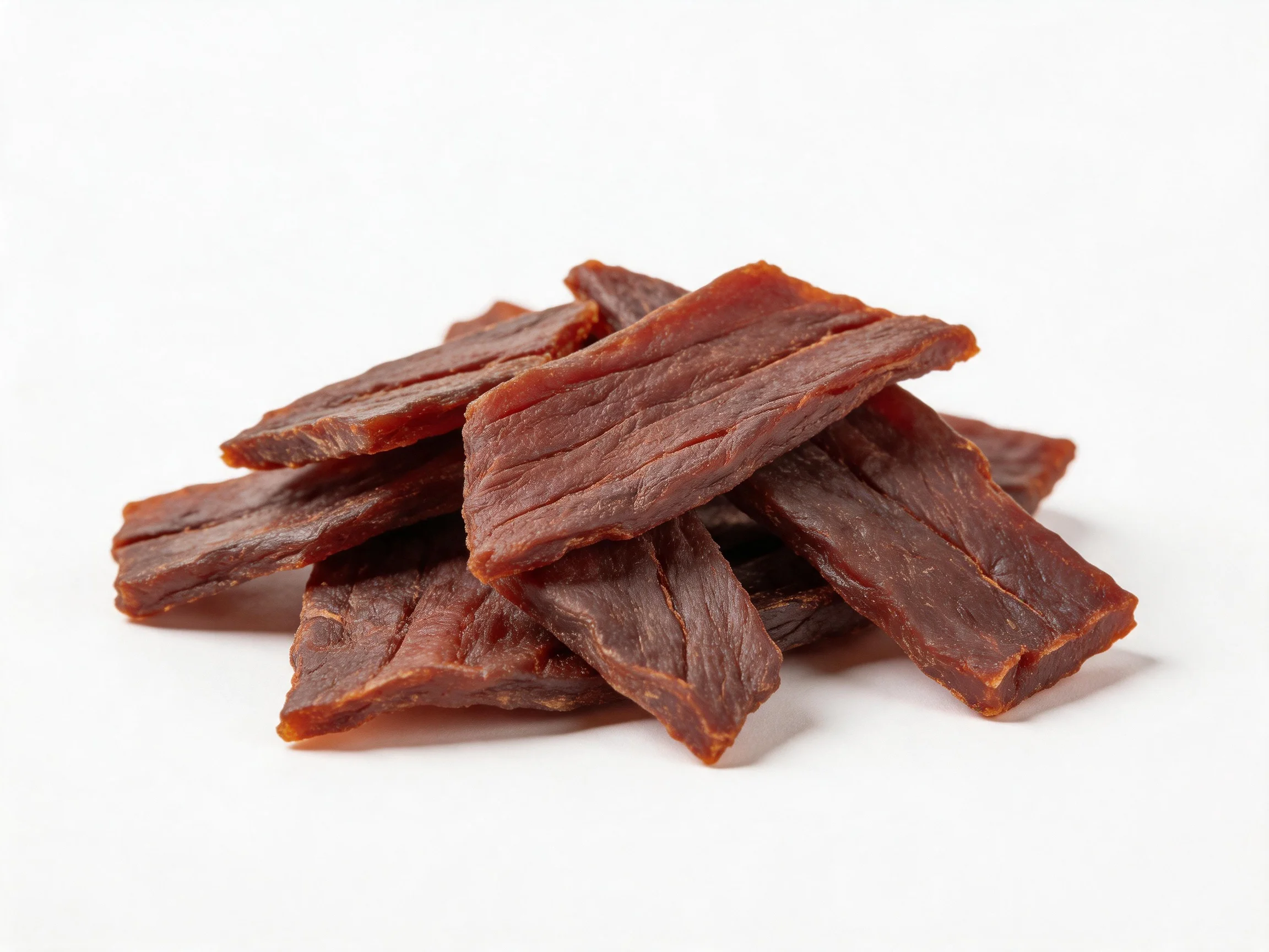 Dark brown beef jerky strips piled on a plain white surface