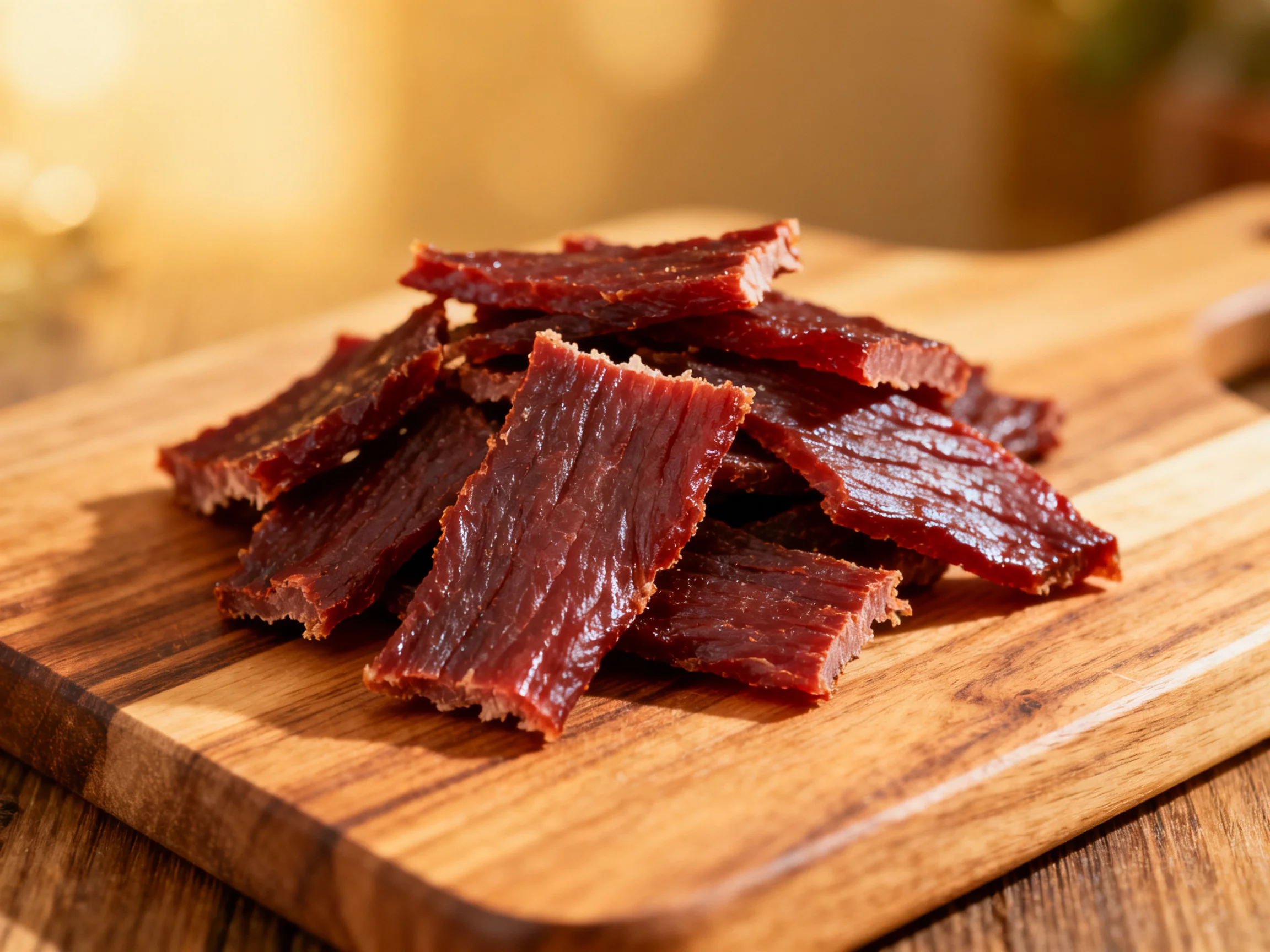 Dark red beef jerky slices piled on a wooden cutting board