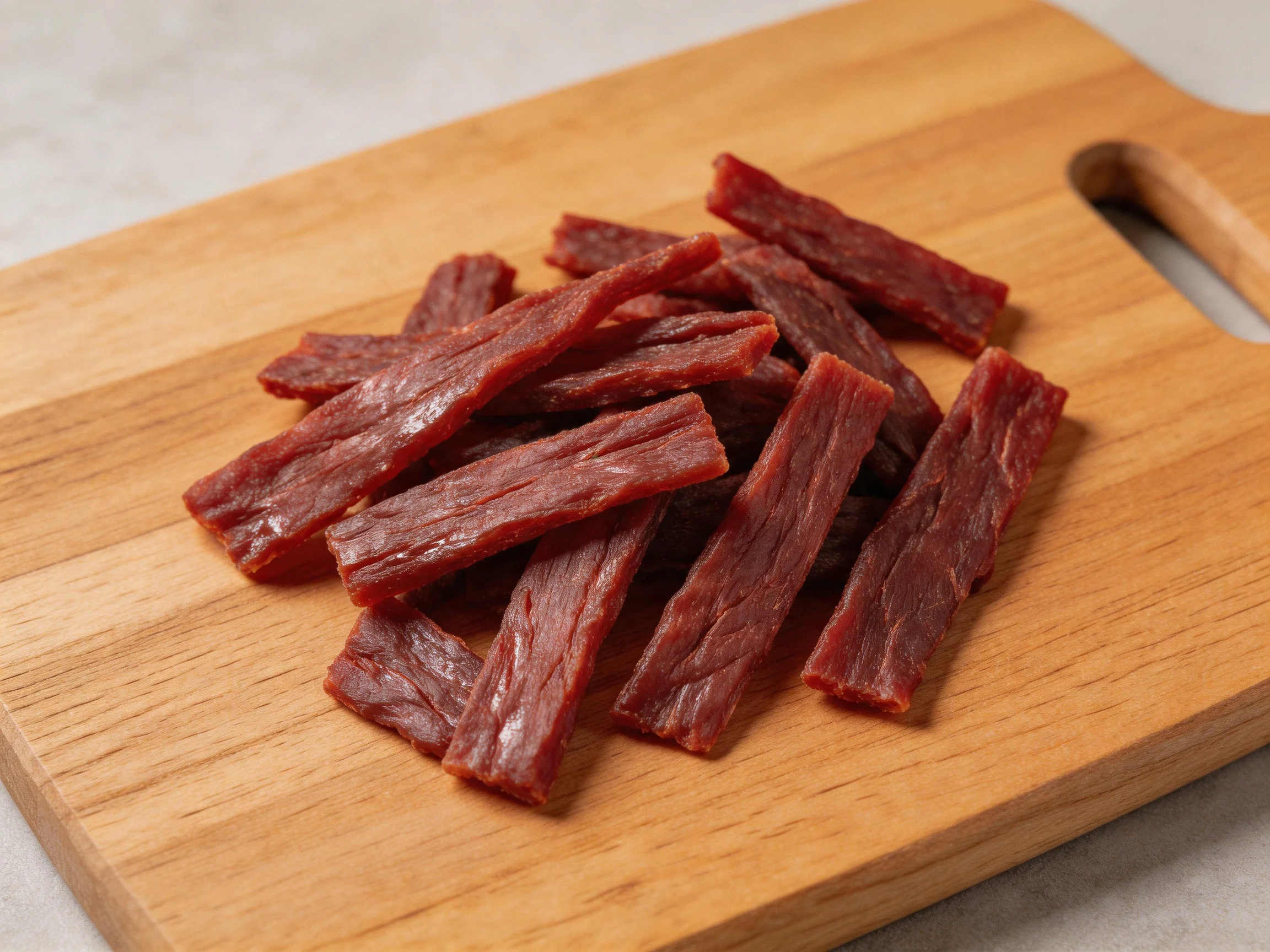 Dark red beef jerky strips scattered on a light wooden cutting board