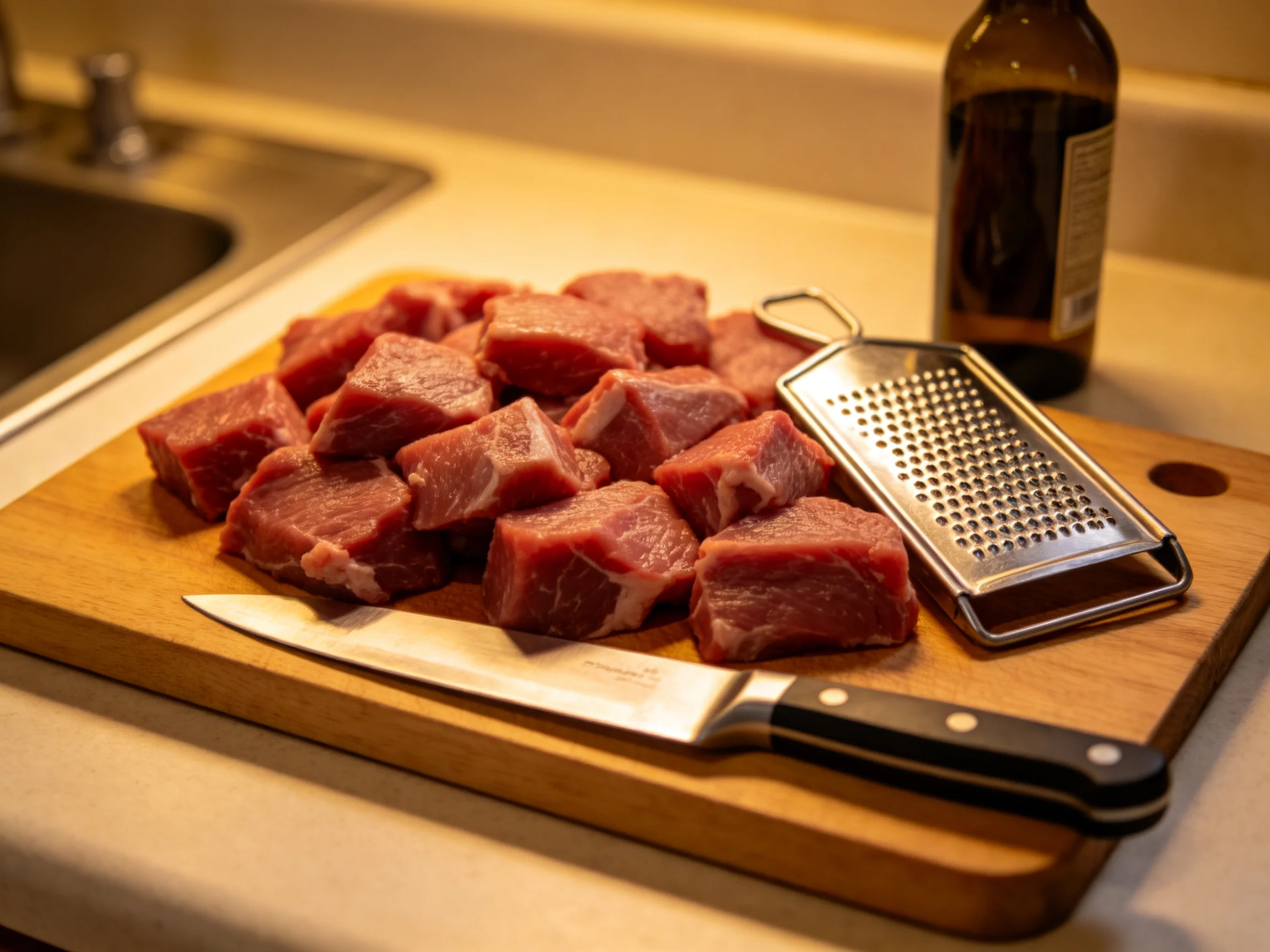 Diced red beef arranged on a wooden cutting board with cooking tools