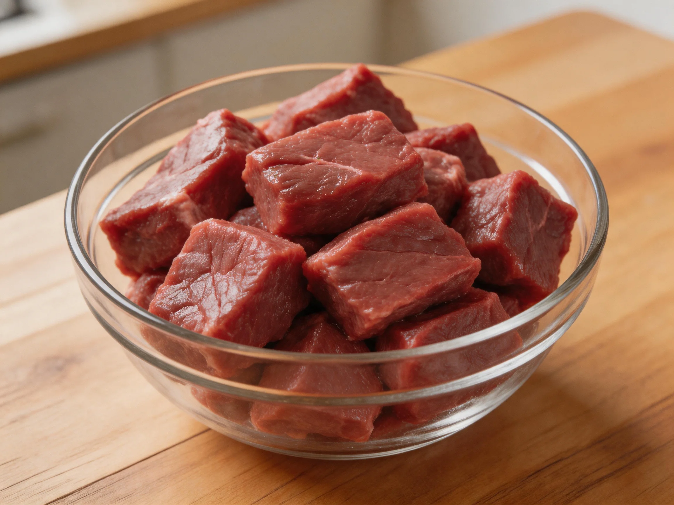 Diced red beef cubes in a clear glass bowl on a wooden surface