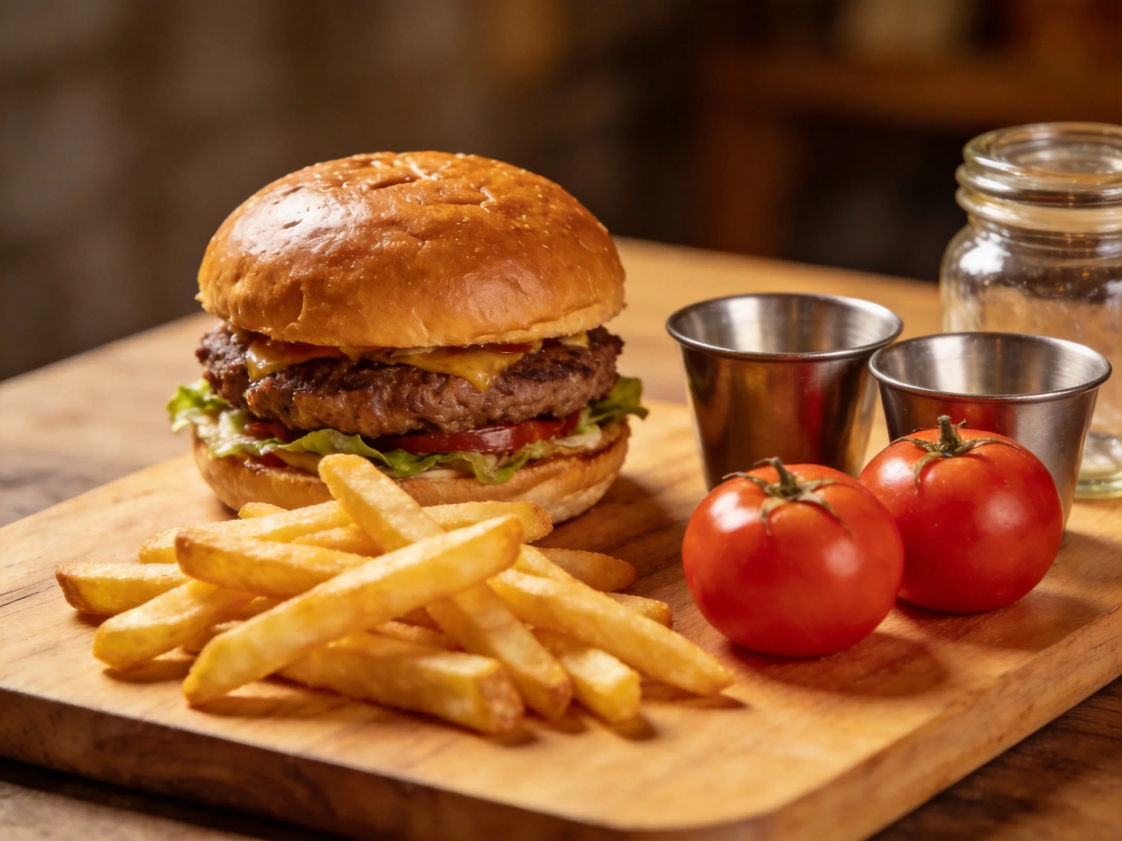 Double cheeseburger, golden fries, red tomatoes, metal cups on wooden board
