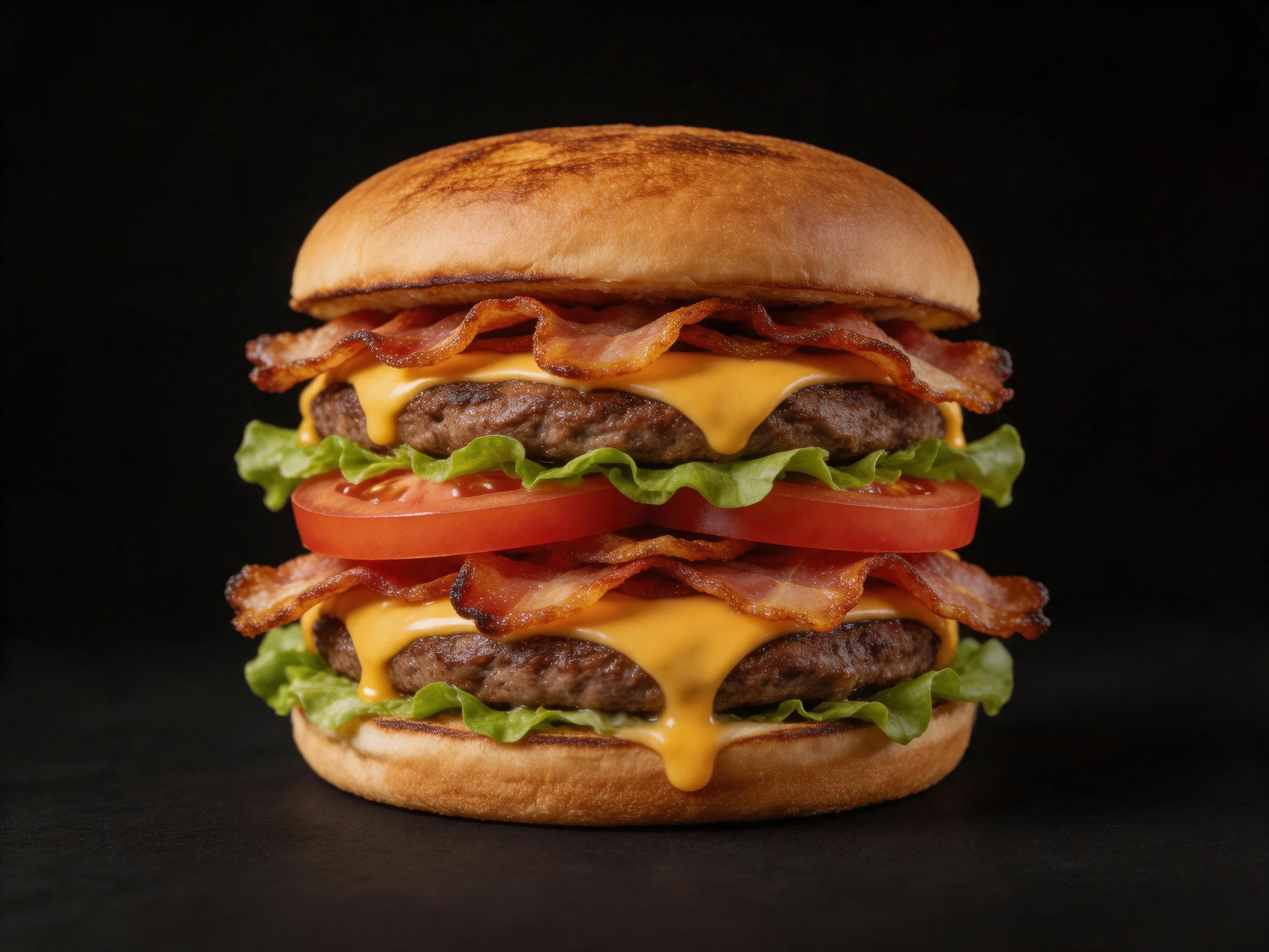 Double cheeseburger stacked with crispy bacon, melted cheddar, and fresh vegetables