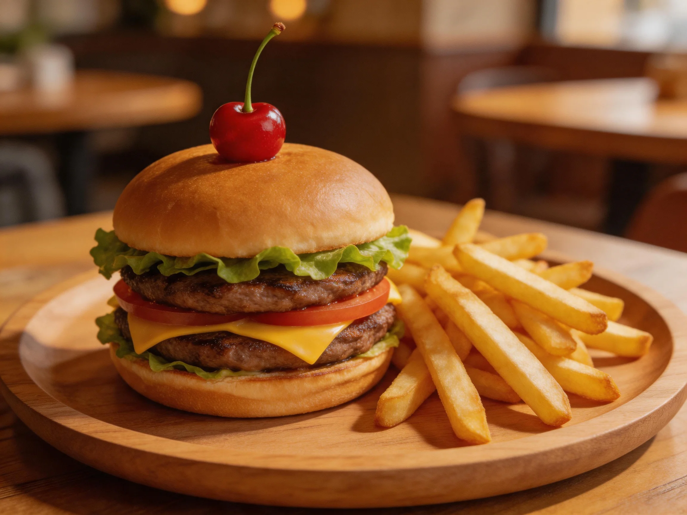 Double cheeseburger with cherry garnish and golden French fries