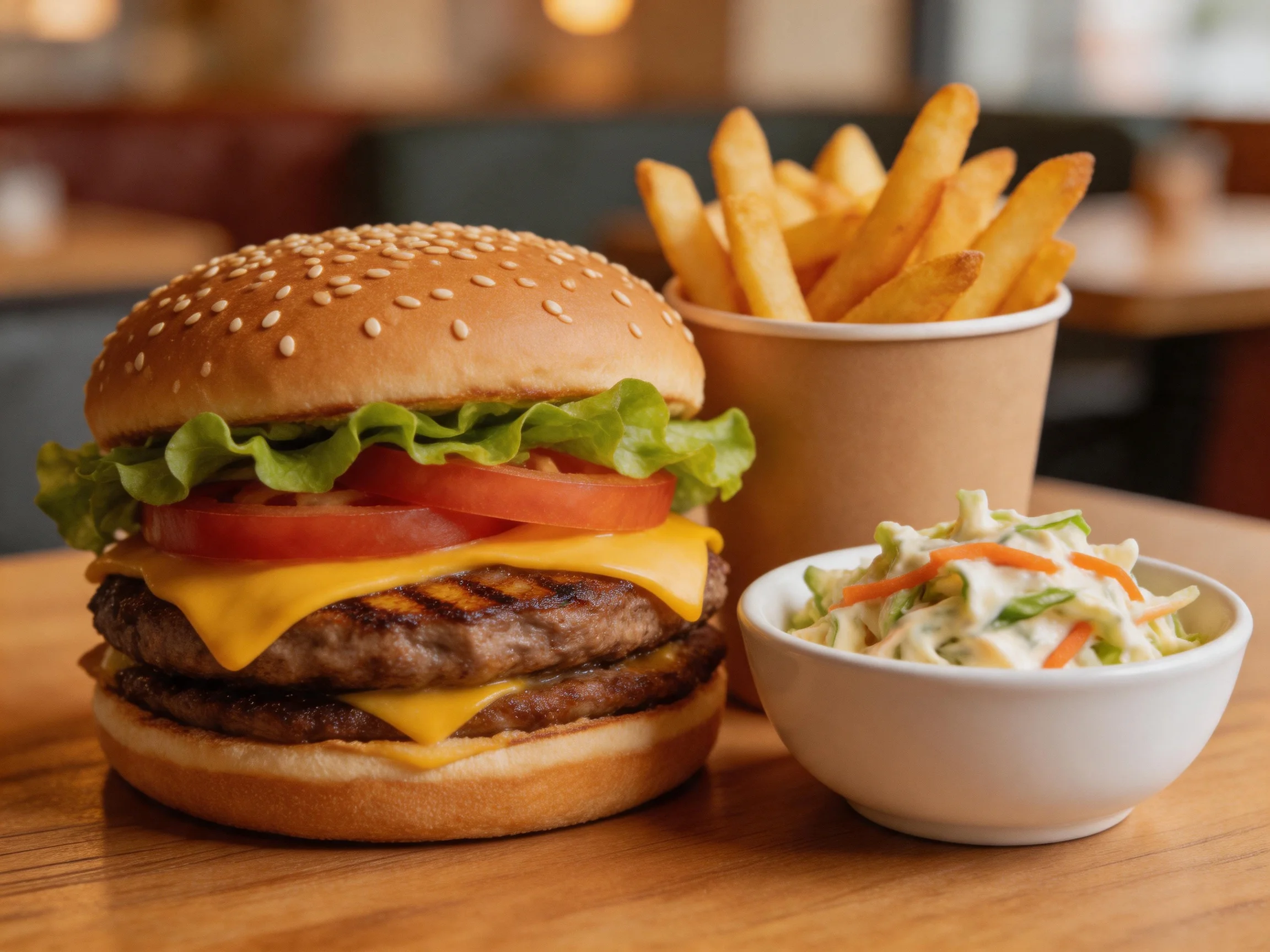 Double cheeseburger with lettuce, tomato, fries, and coleslaw