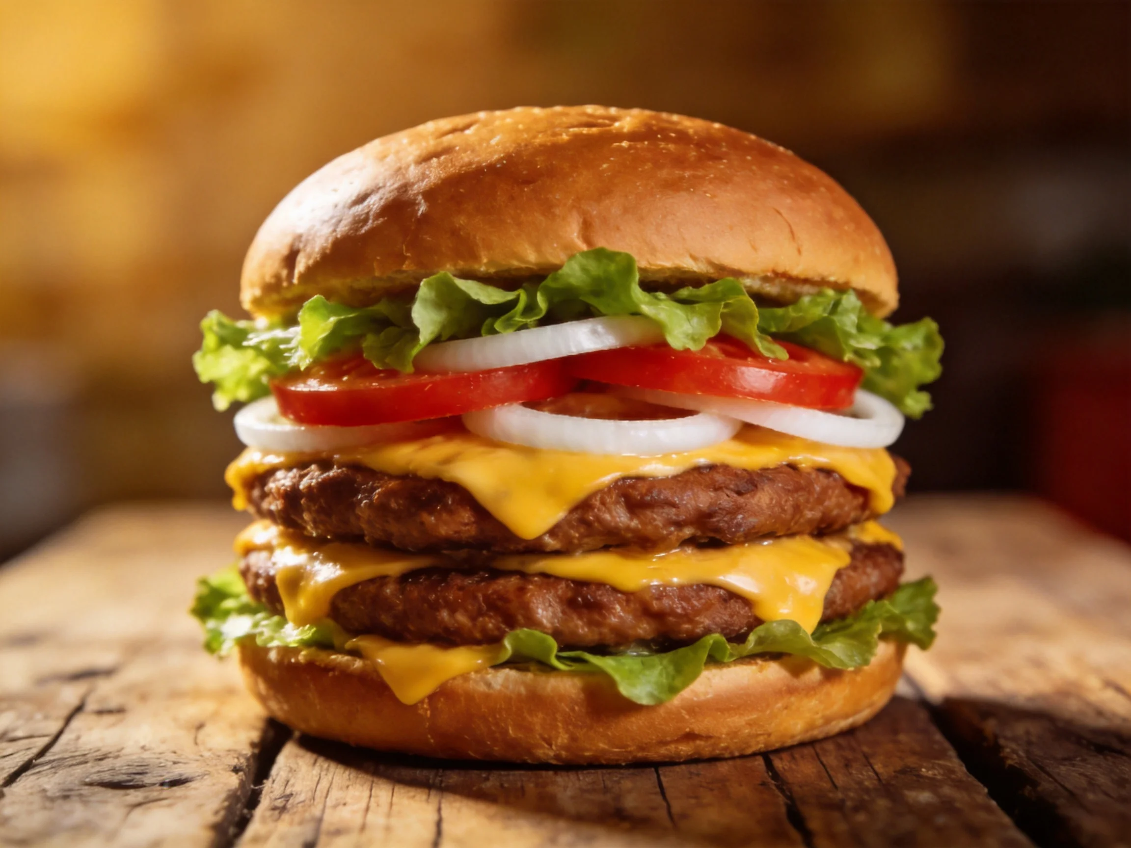 Double cheeseburger with lettuce, tomatoes, onions, and melted cheddar