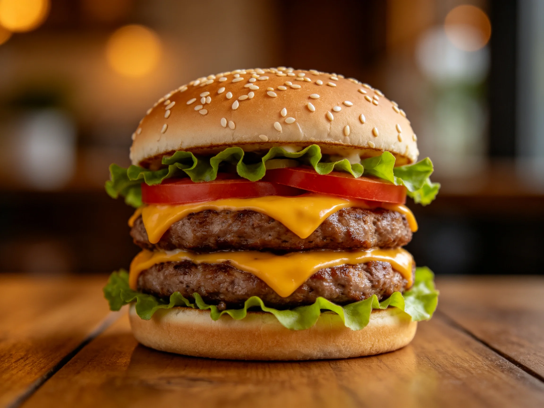 Double cheeseburger with sesame seed bun, fresh lettuce, tomato, and melted cheddar