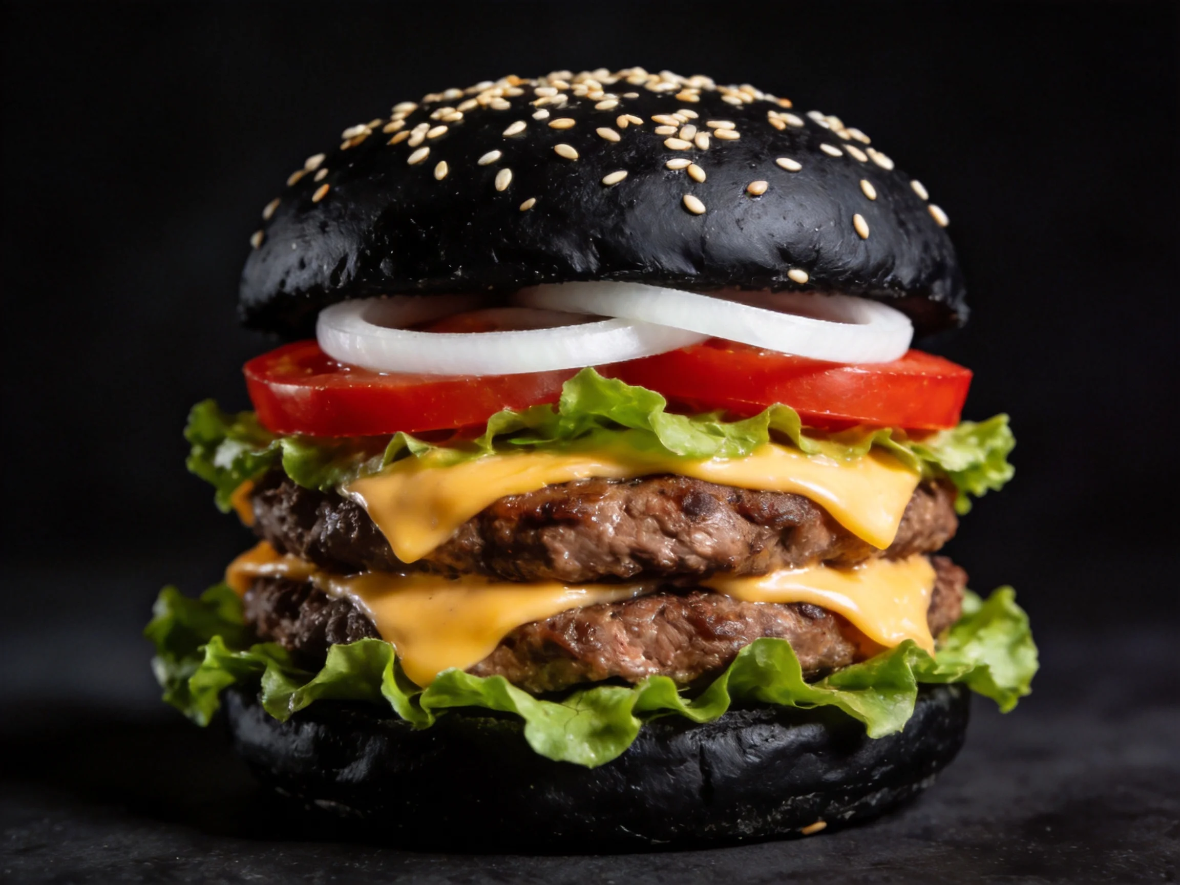 Double-patty black burger with sesame bun, cheese, lettuce, tomato, onion slices