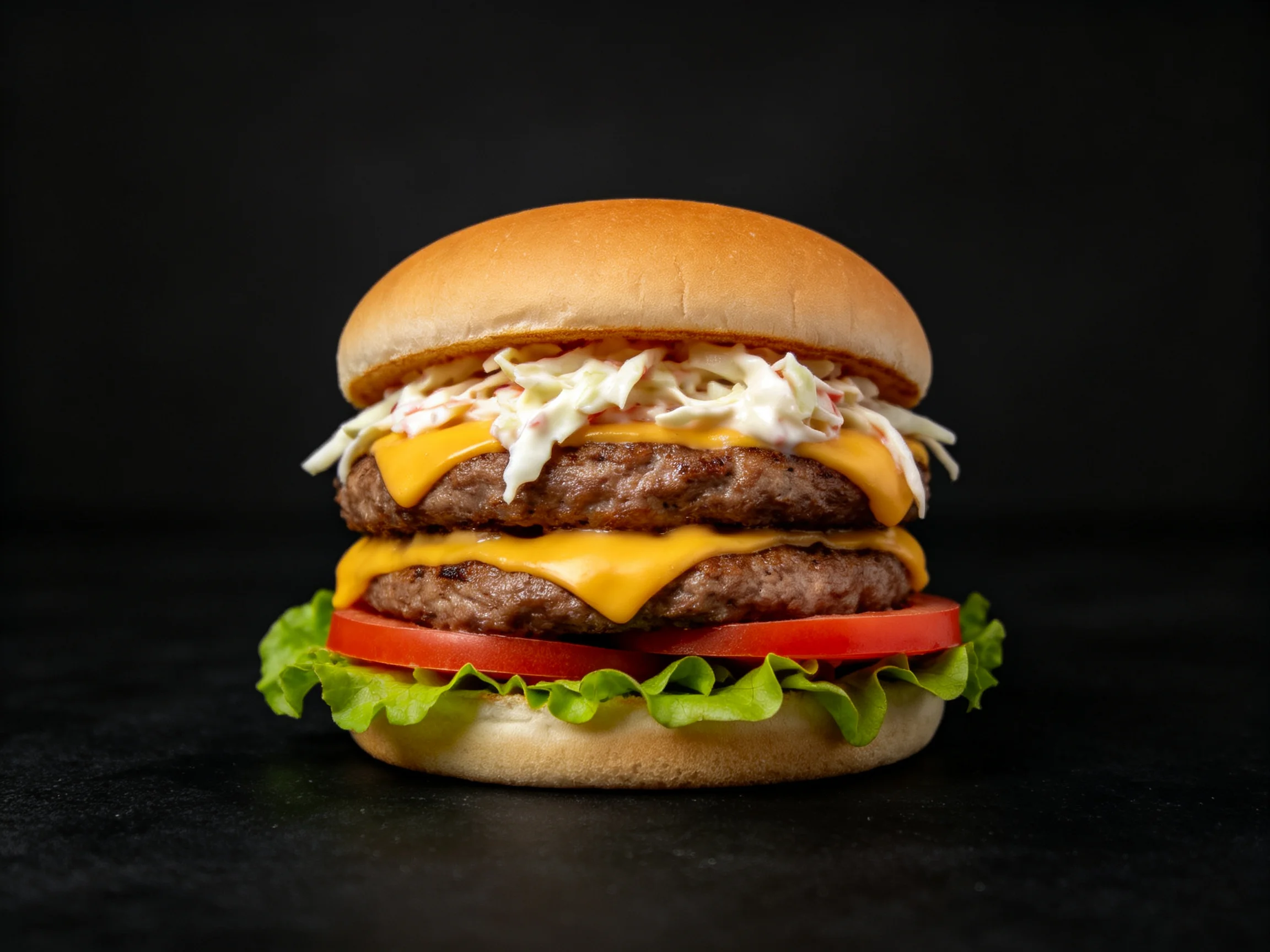Double patty cheeseburger with coleslaw, lettuce, and tomato