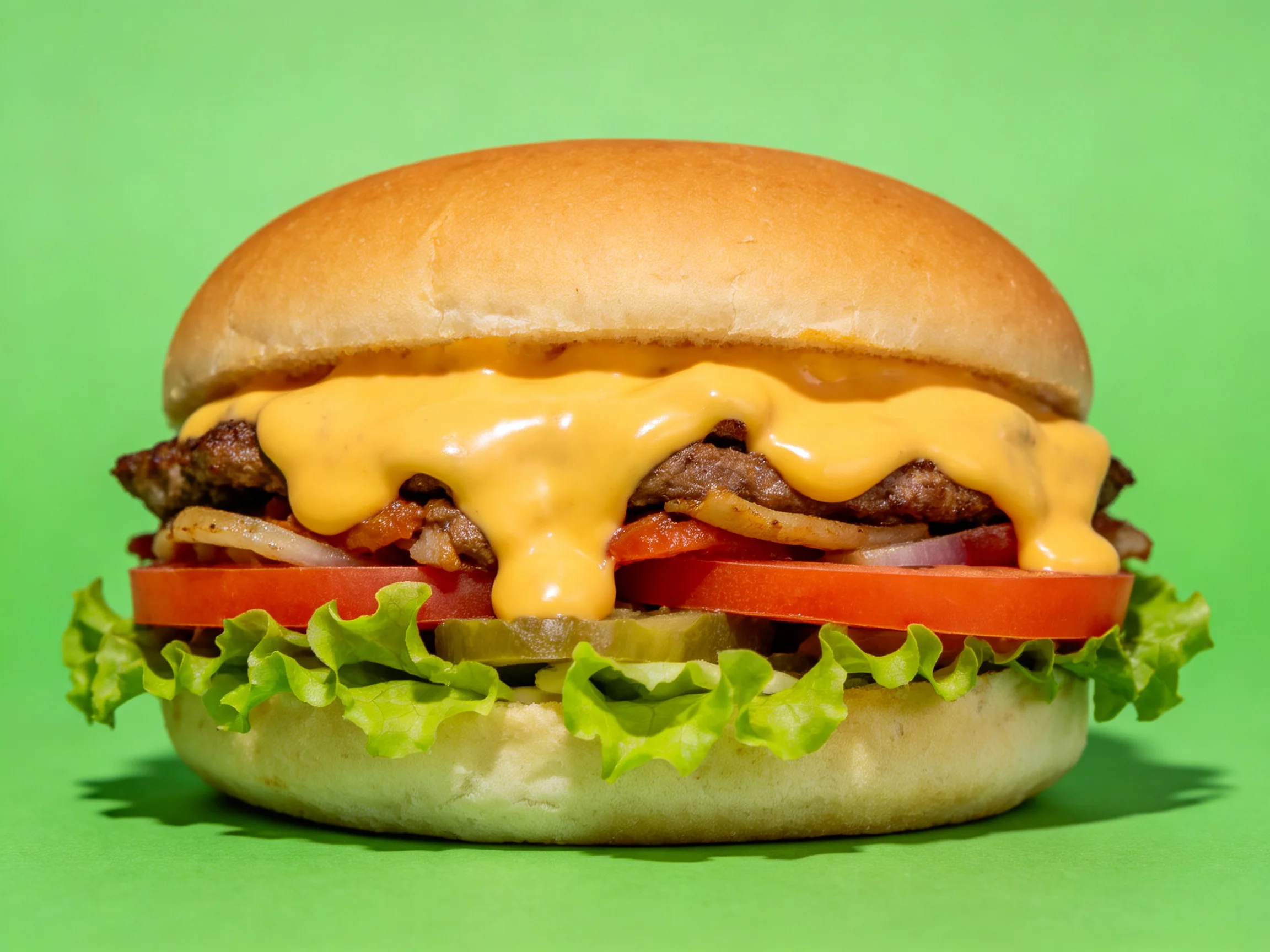 Double-patty cheeseburger with fresh veggies, tomato, and melted cheddar